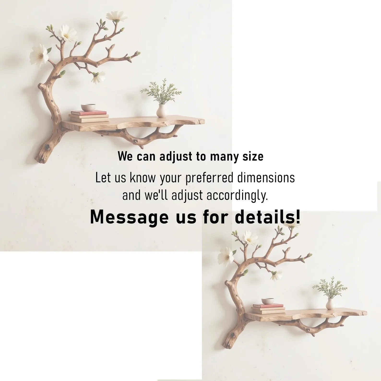 Floating book shelf driftwood branch on wall fake flowers live edge shelves decor for home - Image 3