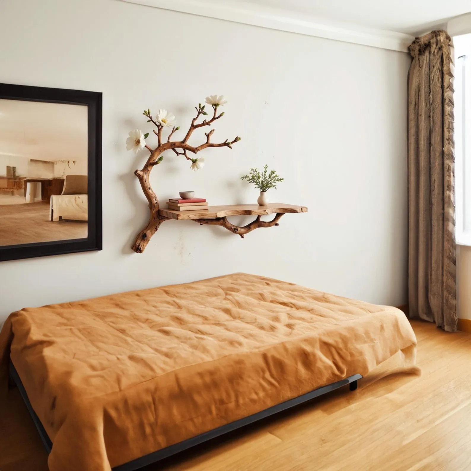 Floating book shelf driftwood branch on wall fake flowers live edge shelves decor for home - Image 5