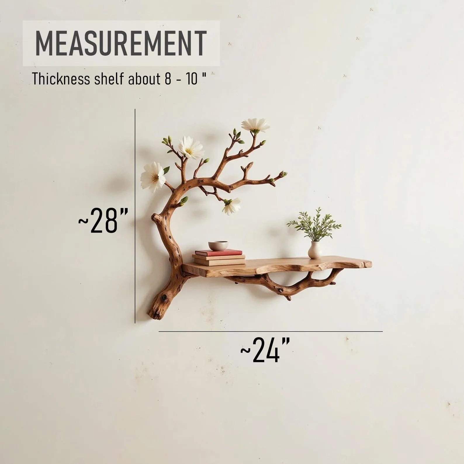 Floating book shelf driftwood branch on wall fake flowers live edge shelves decor for home - Image 8