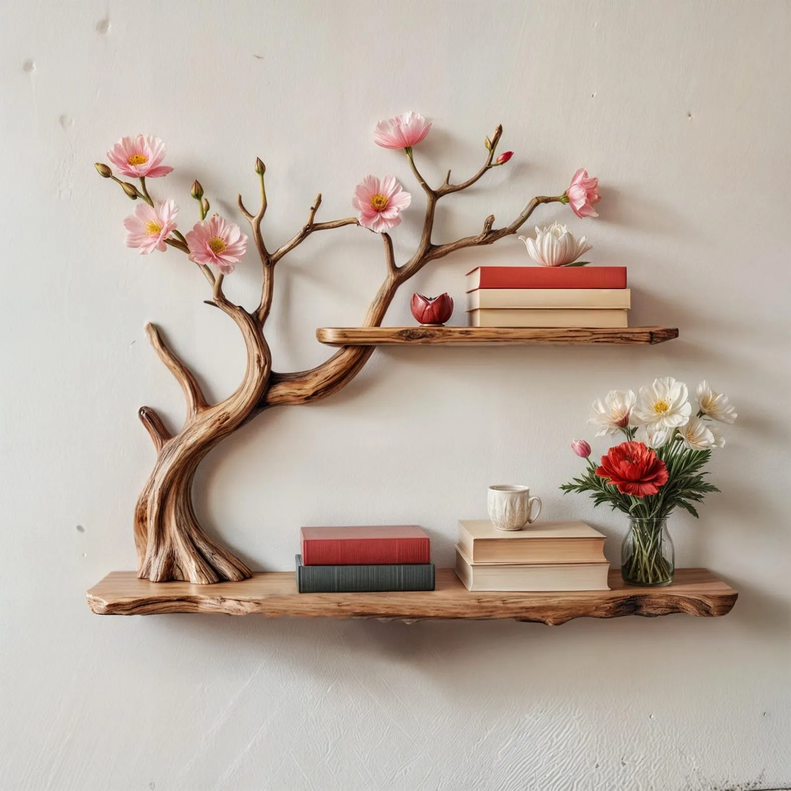 Natural driftwood shelf handcrafted tree bookshelf wall mount rustic solid wood bookcase for entryway space decor