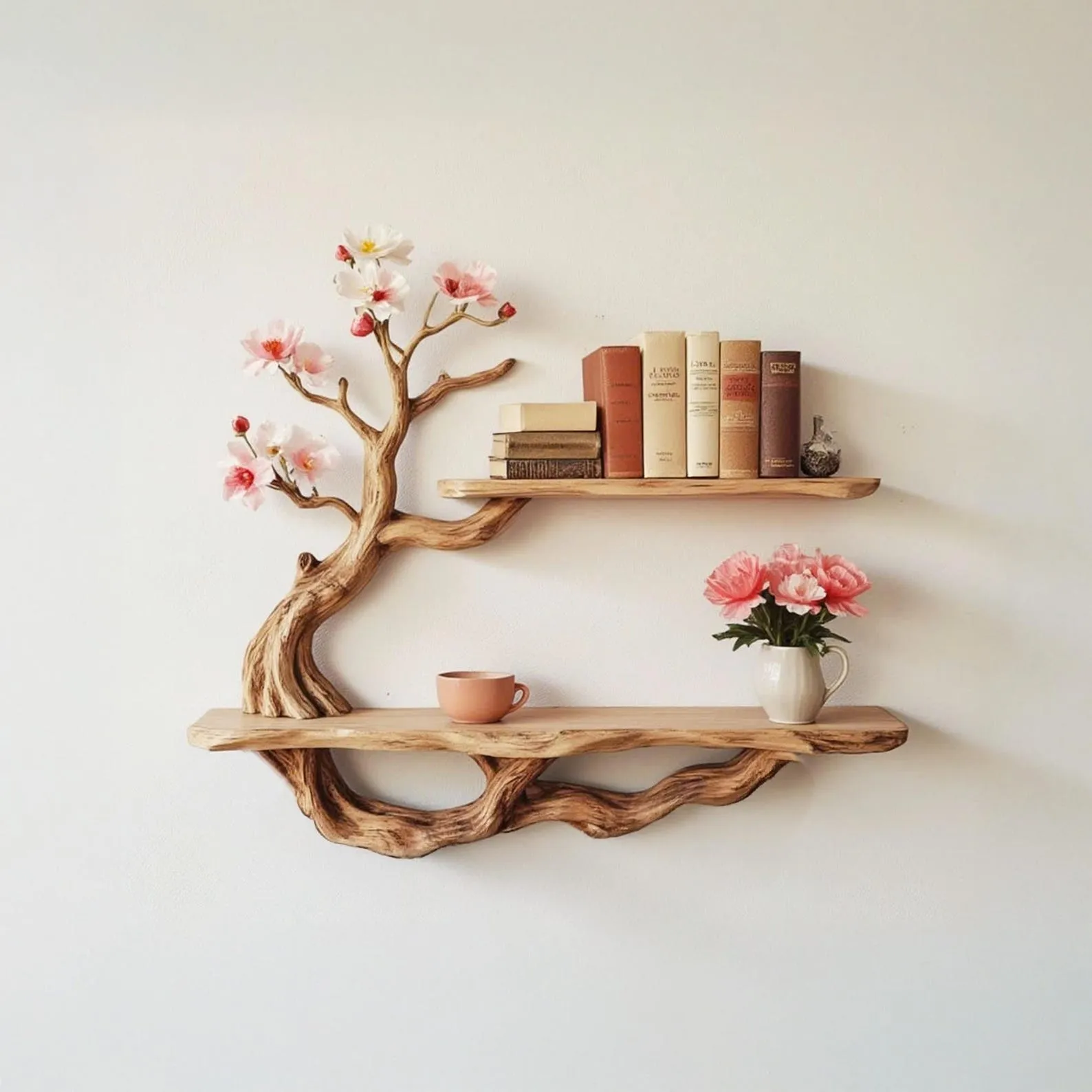 Handcrafted driftwood shelf natural tree bookshelf wall mount solid wood bookcase for living spaces decor