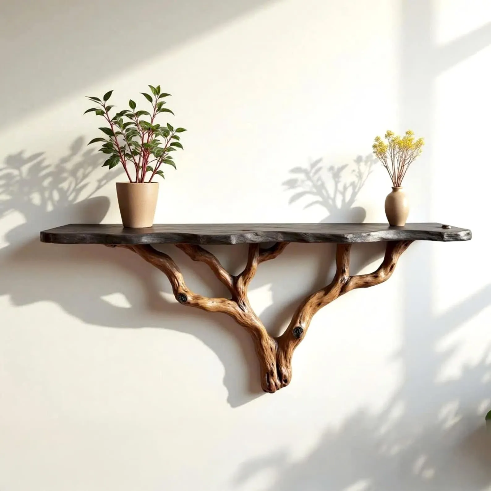 Floating wood tree shelf natural bookshelf solid wood rustic furniture wall mount tree branch shelving handmade furniture decorative