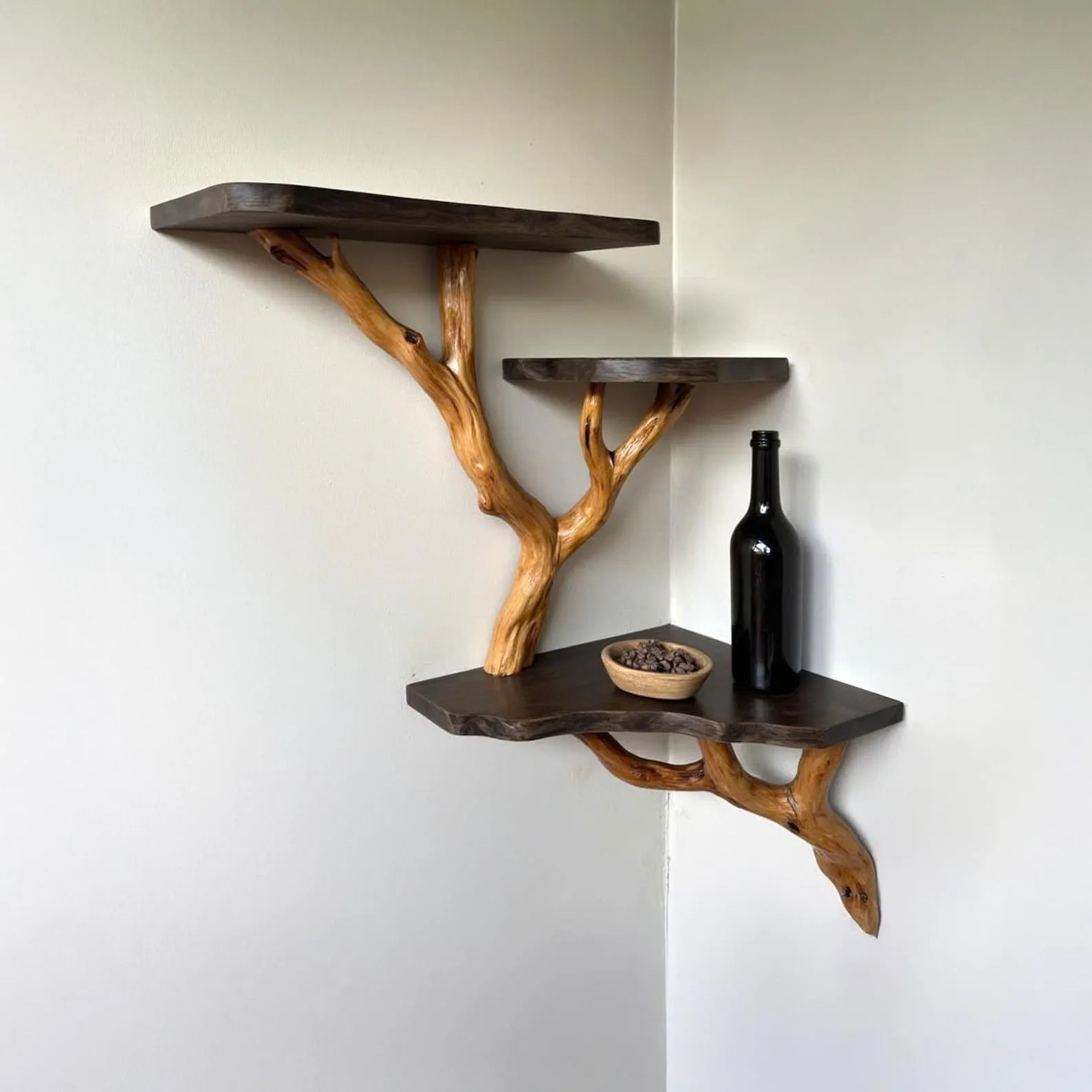 Wood corner floating bookshelf tree branch driftwood wall mount shelving branch shelf art handmade furniture
