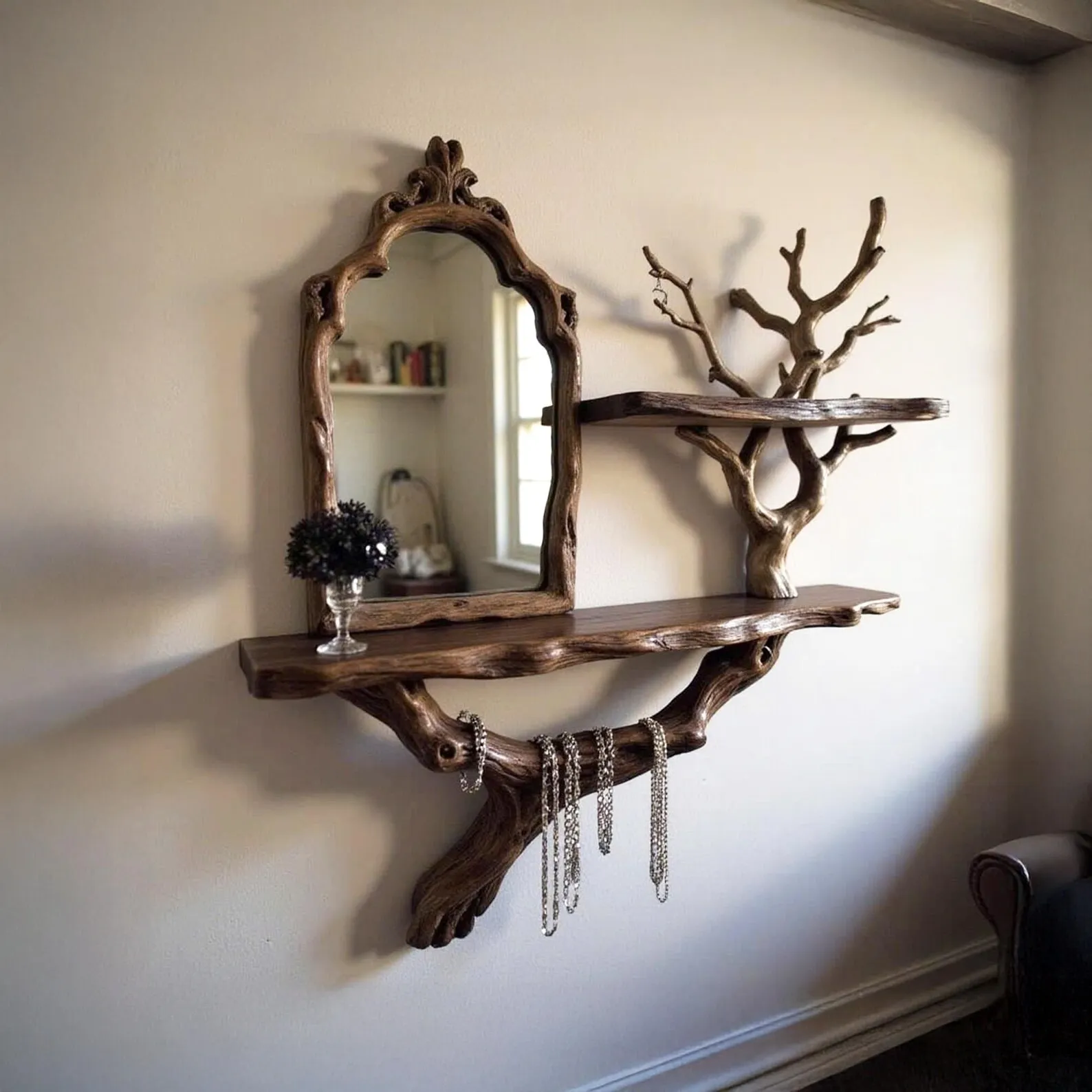 Driftwood jewelry tree natural wood tree bookshelf floating wall mount necklace hanging wood branch shelving art handcraft furniture