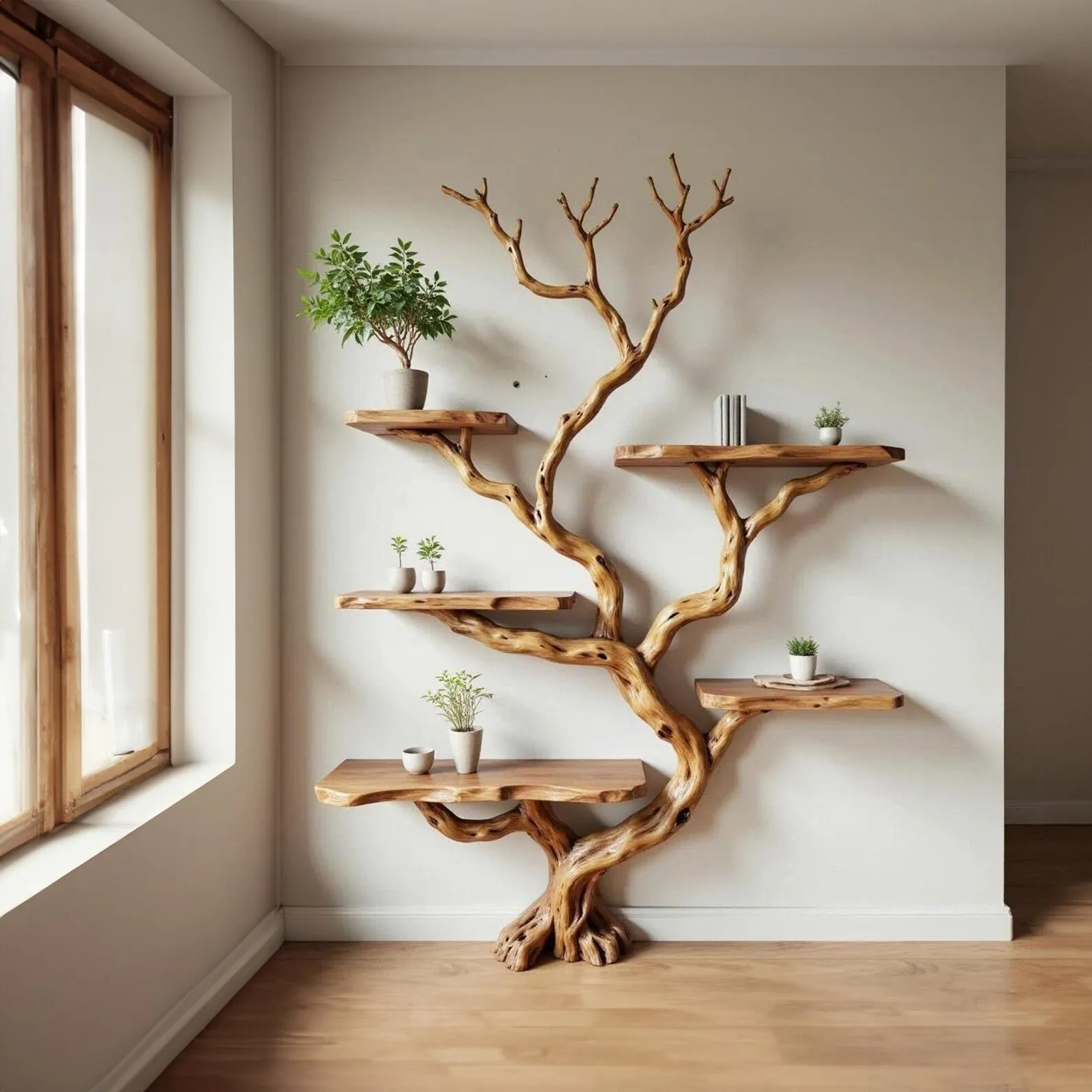 Driftwood tree branch bookshelf wood floating shelf solid wood bookcase home decor for living room