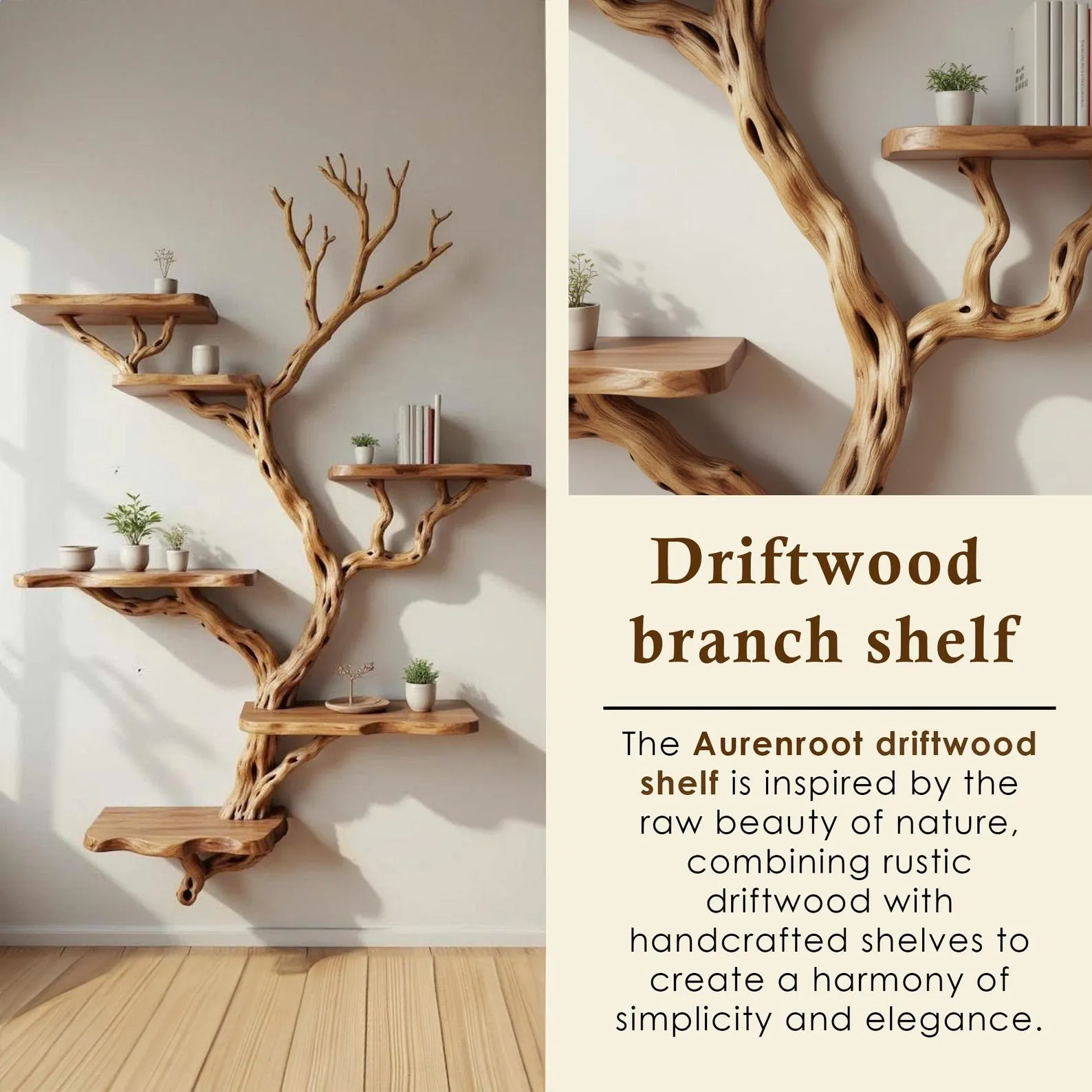 Driftwood branch floating book shelf wall mount solid wood bookcase tree branch wall art - Image 2