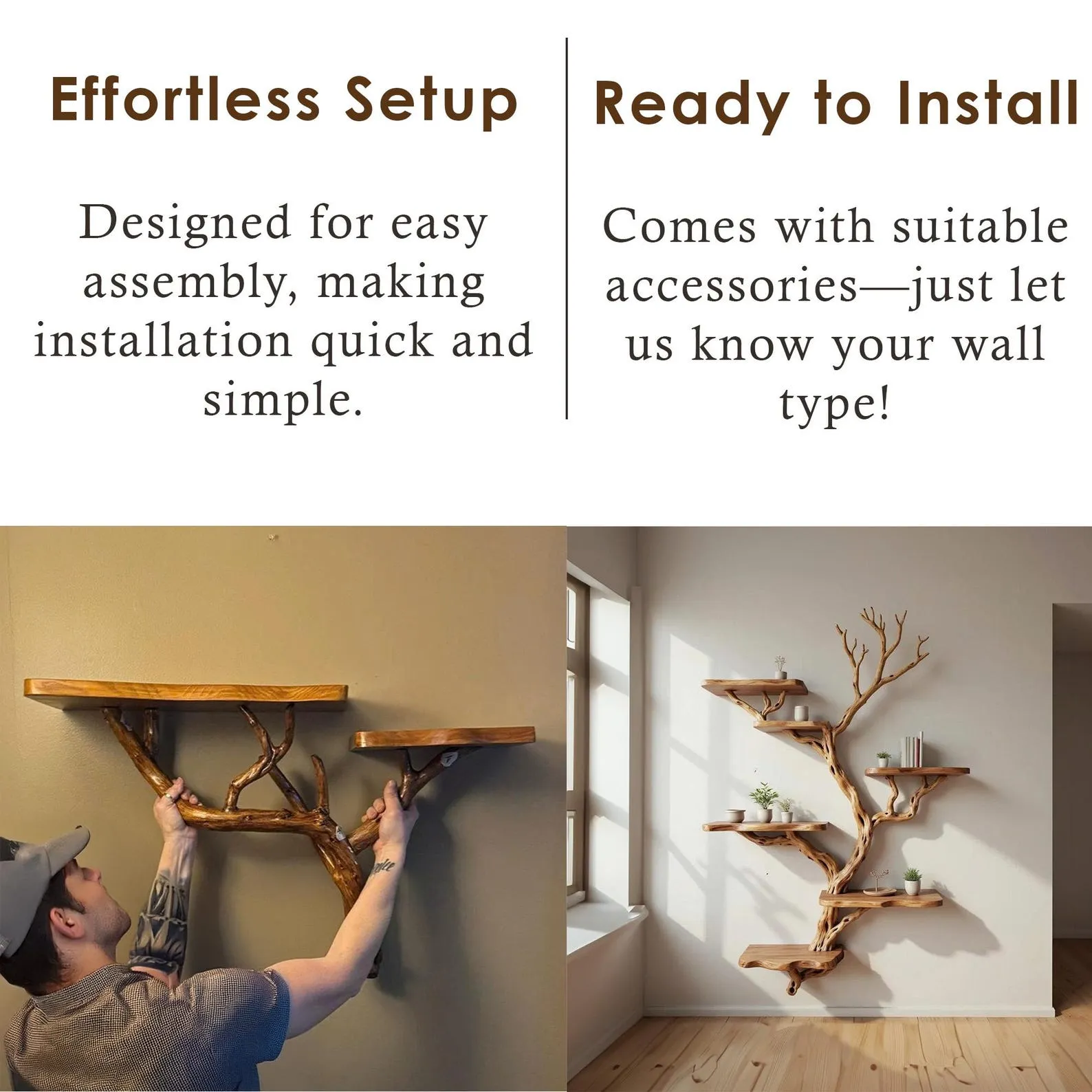 Driftwood branch floating book shelf wall mount solid wood bookcase tree branch wall art - Image 3