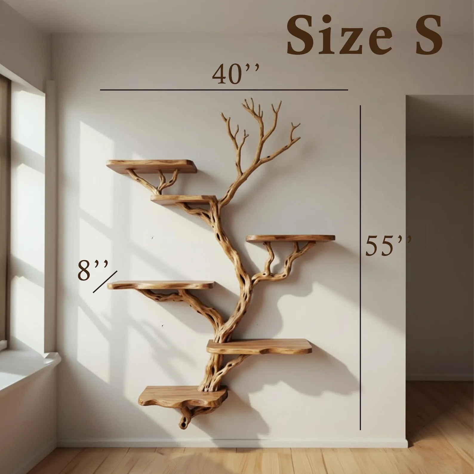 Driftwood branch floating book shelf wall mount solid wood bookcase tree branch wall art - Image 9