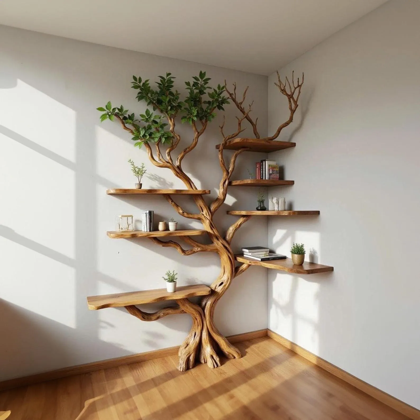 Corner tree floating bookshelf tree branch fake leaves bookcase wall mount live edge driftwood shelf