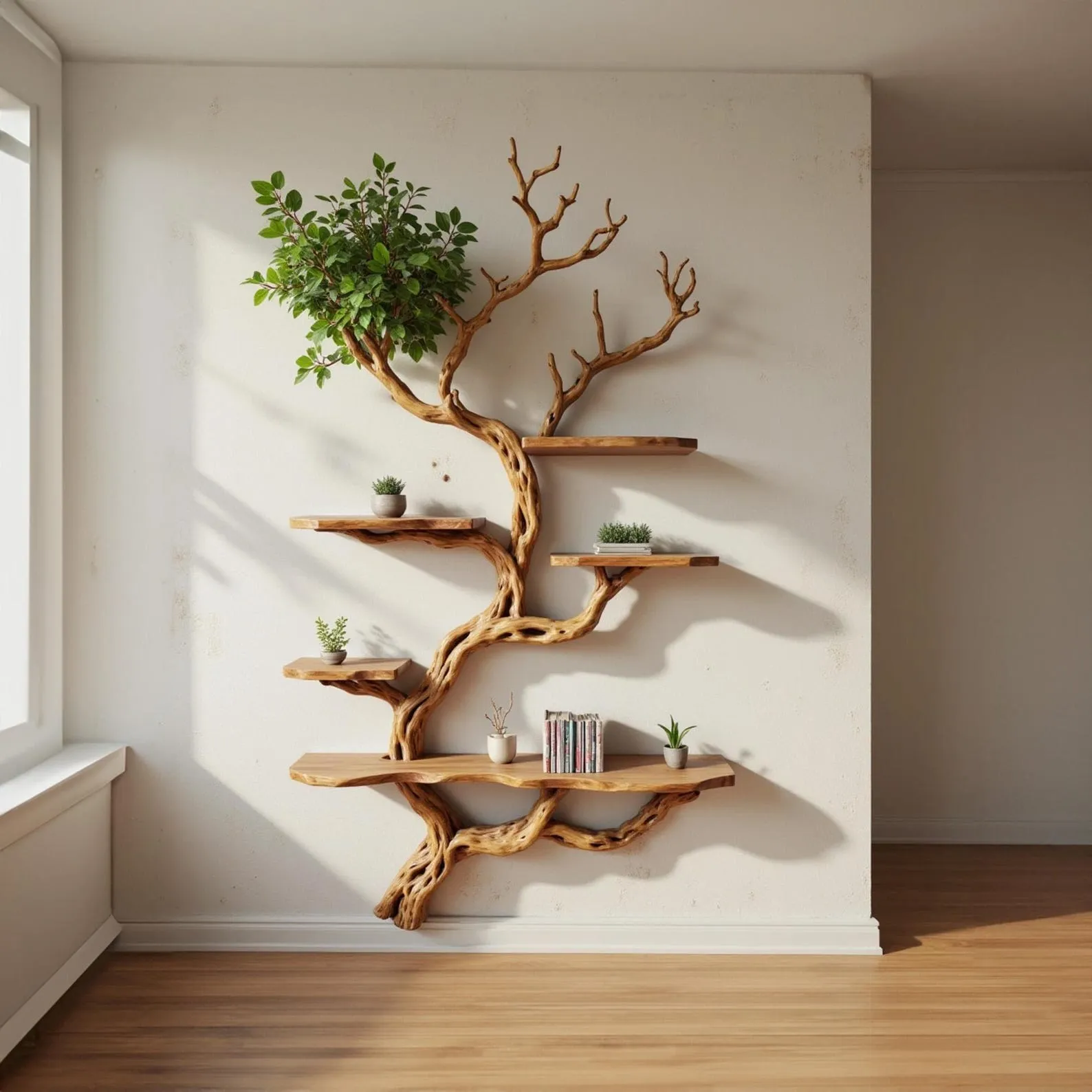 Driftwood floating bookshelf tree branch book shelf solid wood wall mounted shelves fake leaf bookcase decor