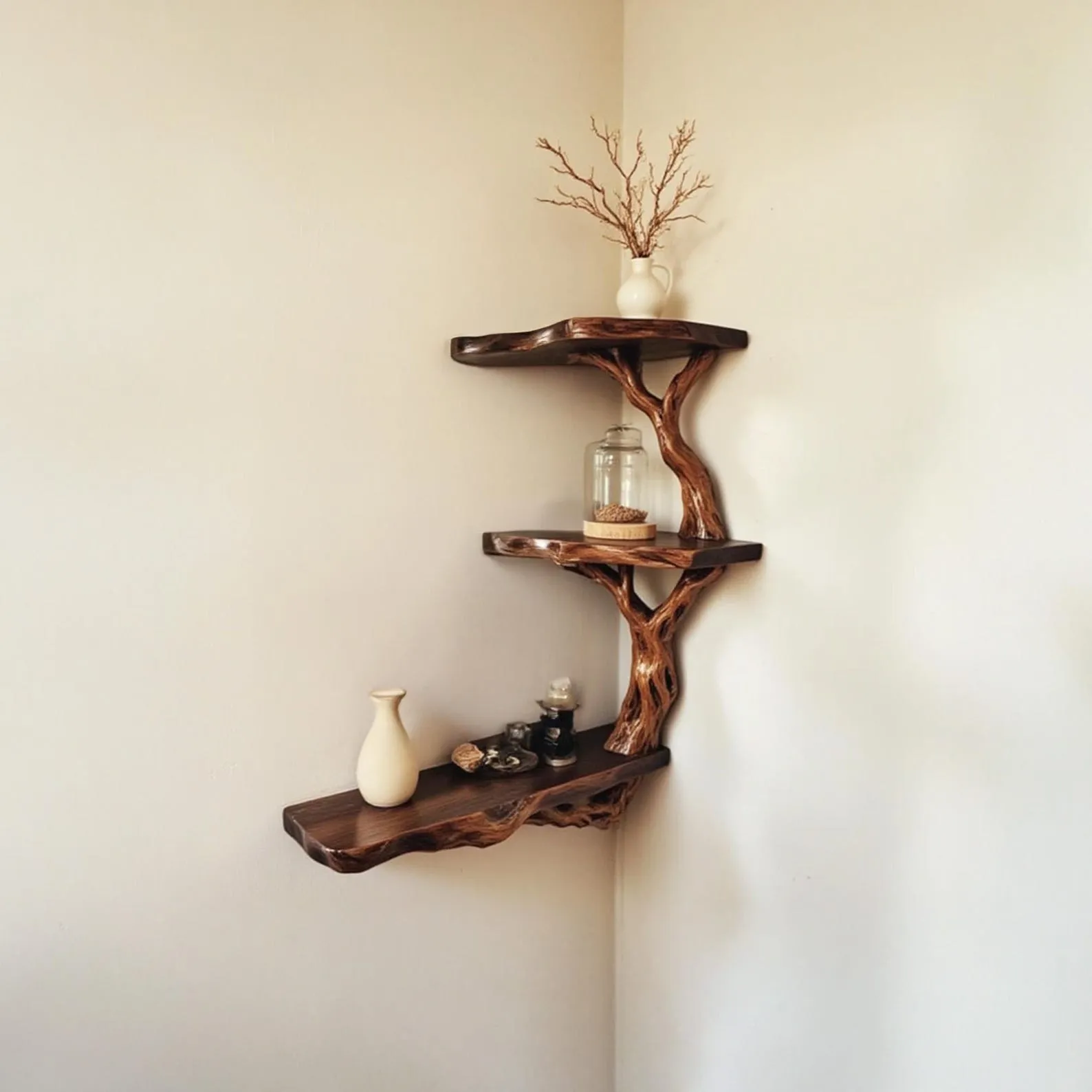 Corner floating bookshelf solid wood tree branch wall mount shelving handmade bookcase wood wall unique furniture decorations