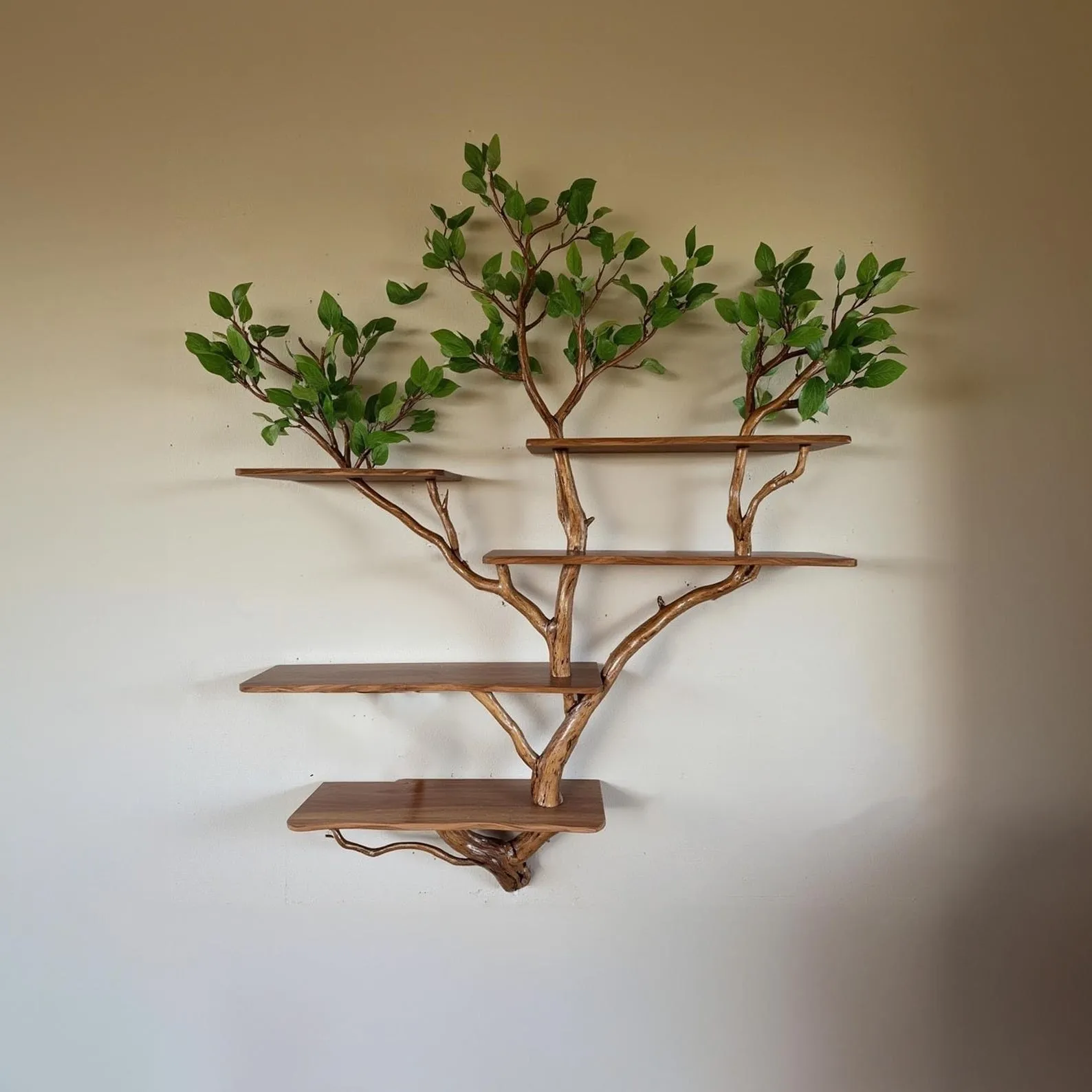 Natural driftwood tree branch floating bookshelf wall mount solid wood bookcase with fake leaf decor for home