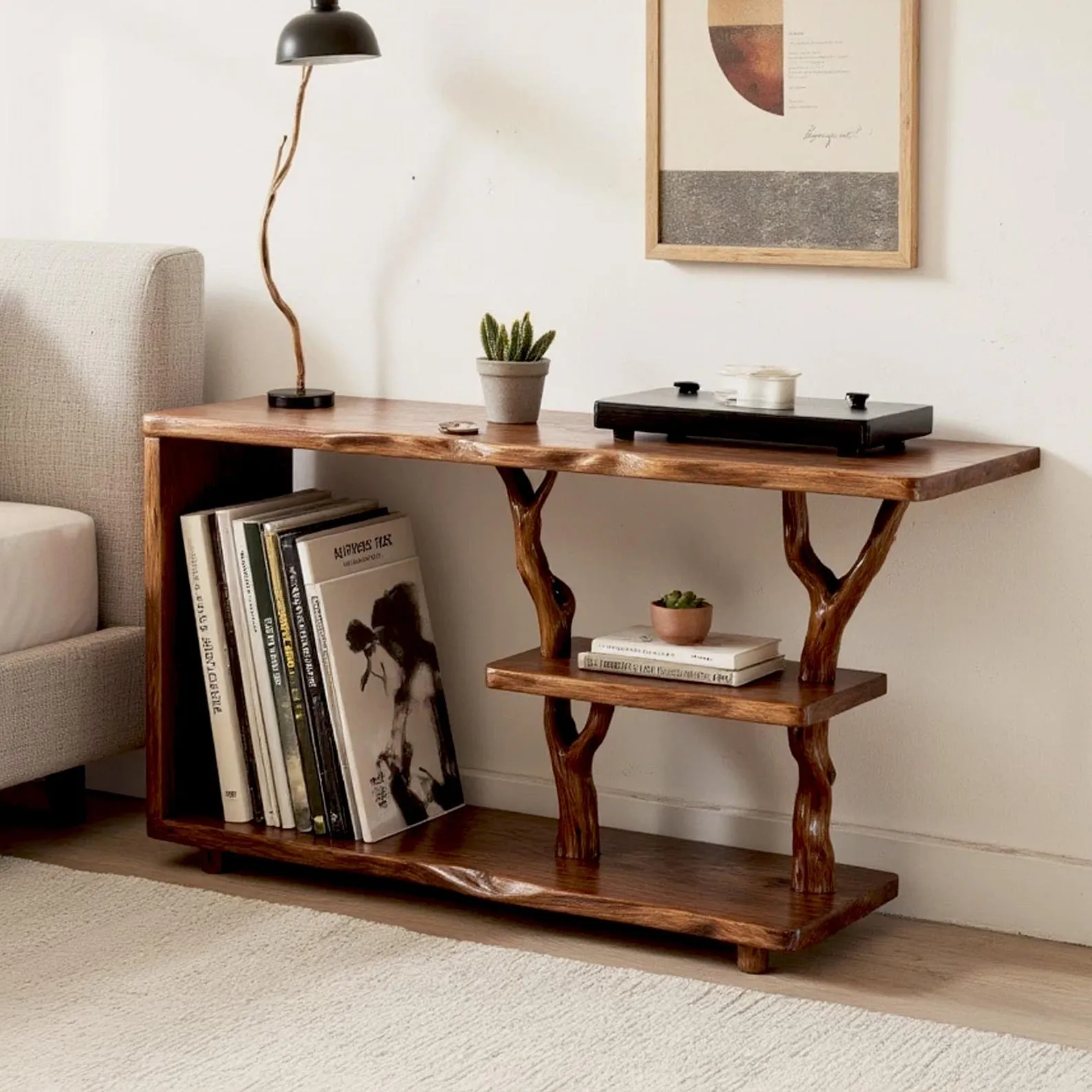 Driftwood solid wood bookcase tree branch bookshelf nightand plant stand handcrafted rustic living room furniture