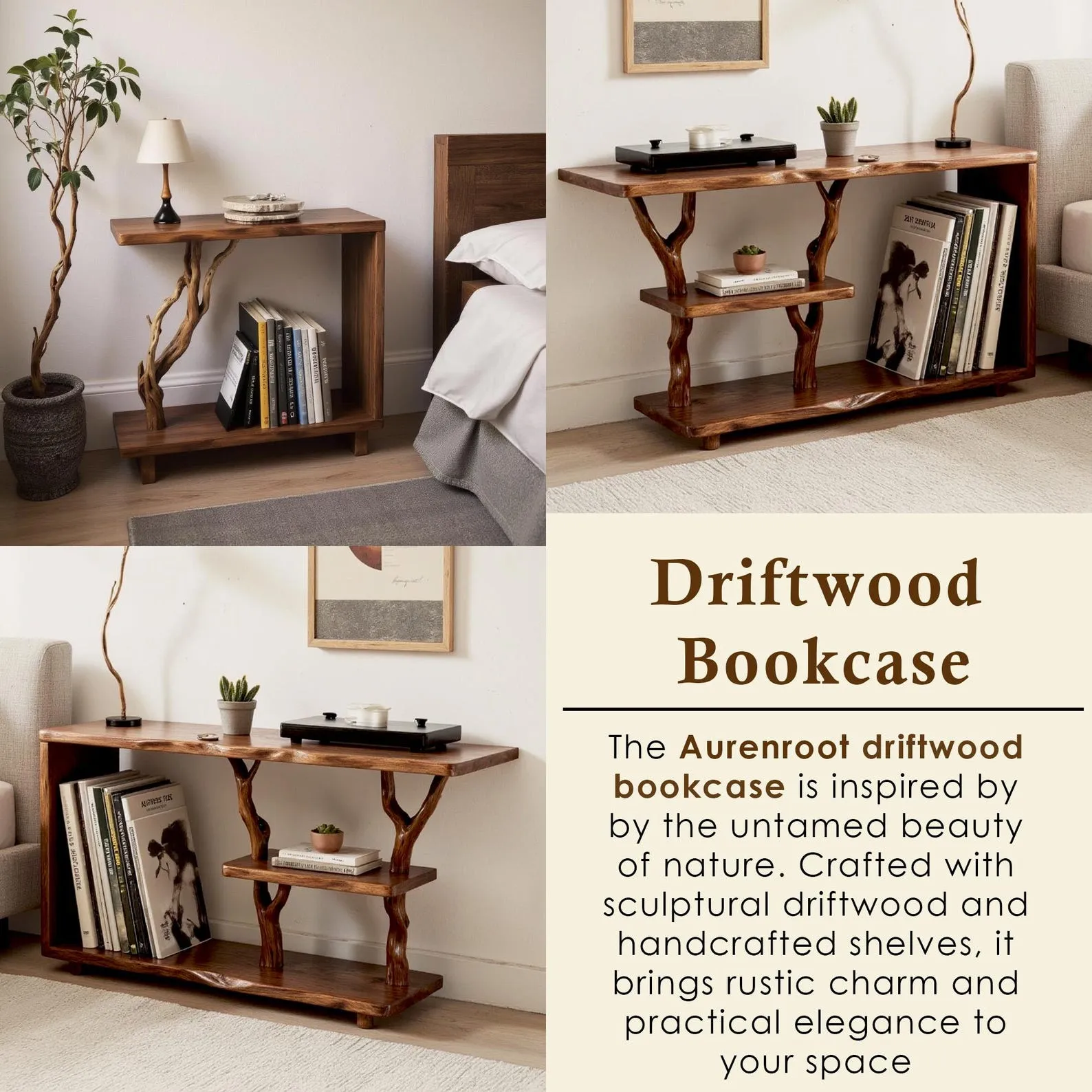 Driftwood solid wood bookcase tree branch bookshelf nightand plant stand handcrafted rustic living room furniture - Image 2