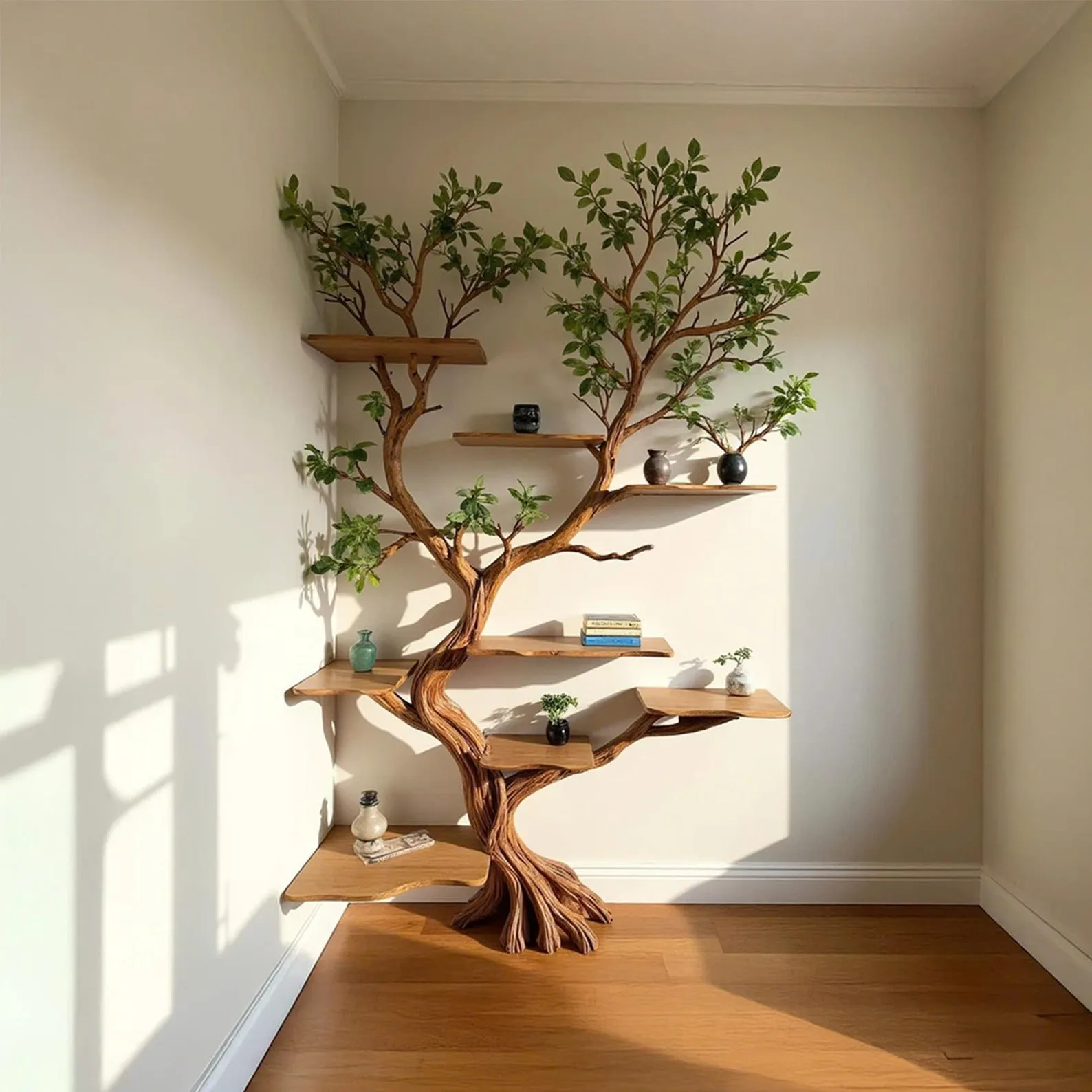 Tree driftwood branch bookshelf art decor bookcase solid wood wall mounted