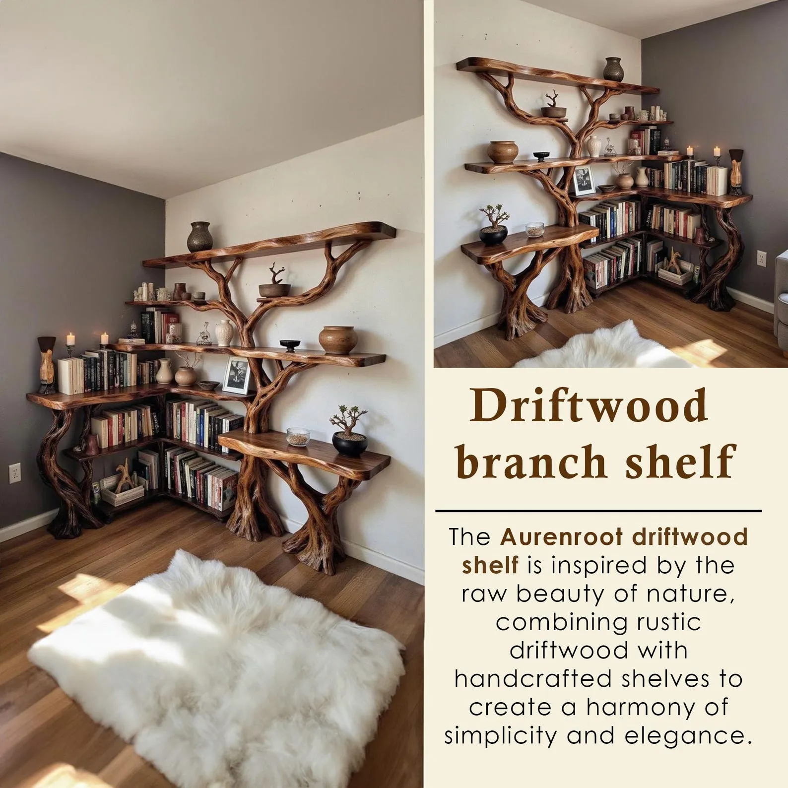 Tree coner book shelf solid wood wall mount bookcase live edge furniture driftwood branch art - Image 2