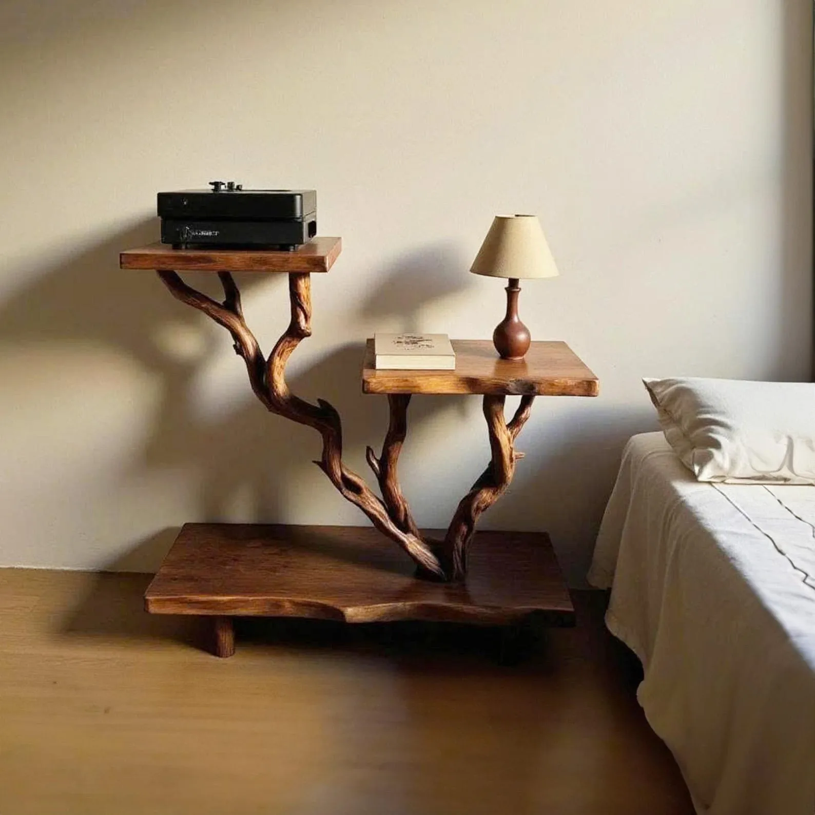 Rustic night stand solid wood bookcase shelves on wall handmade side table decor for bedding room