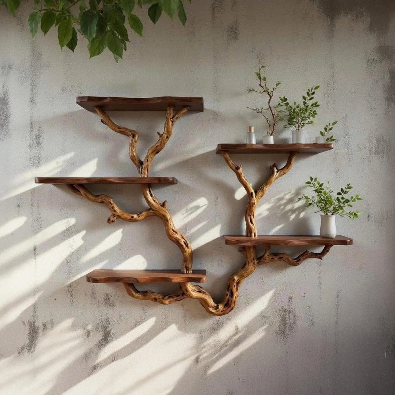 Driftwood floating tree bookshelf walnut color wall mount shelving bookcase solid wood live edge