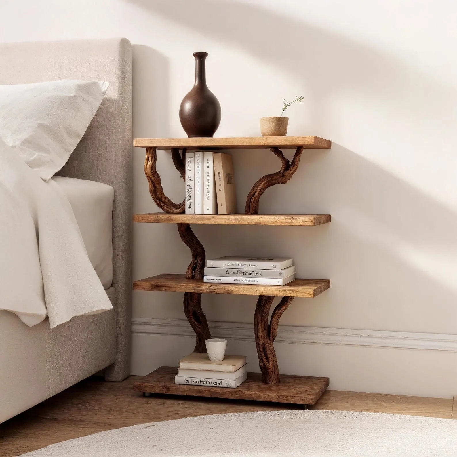 Natural wall mount driftwood bookcase solid wood bookshelf rustic night stand mini bedside table handmade furniture for bed room