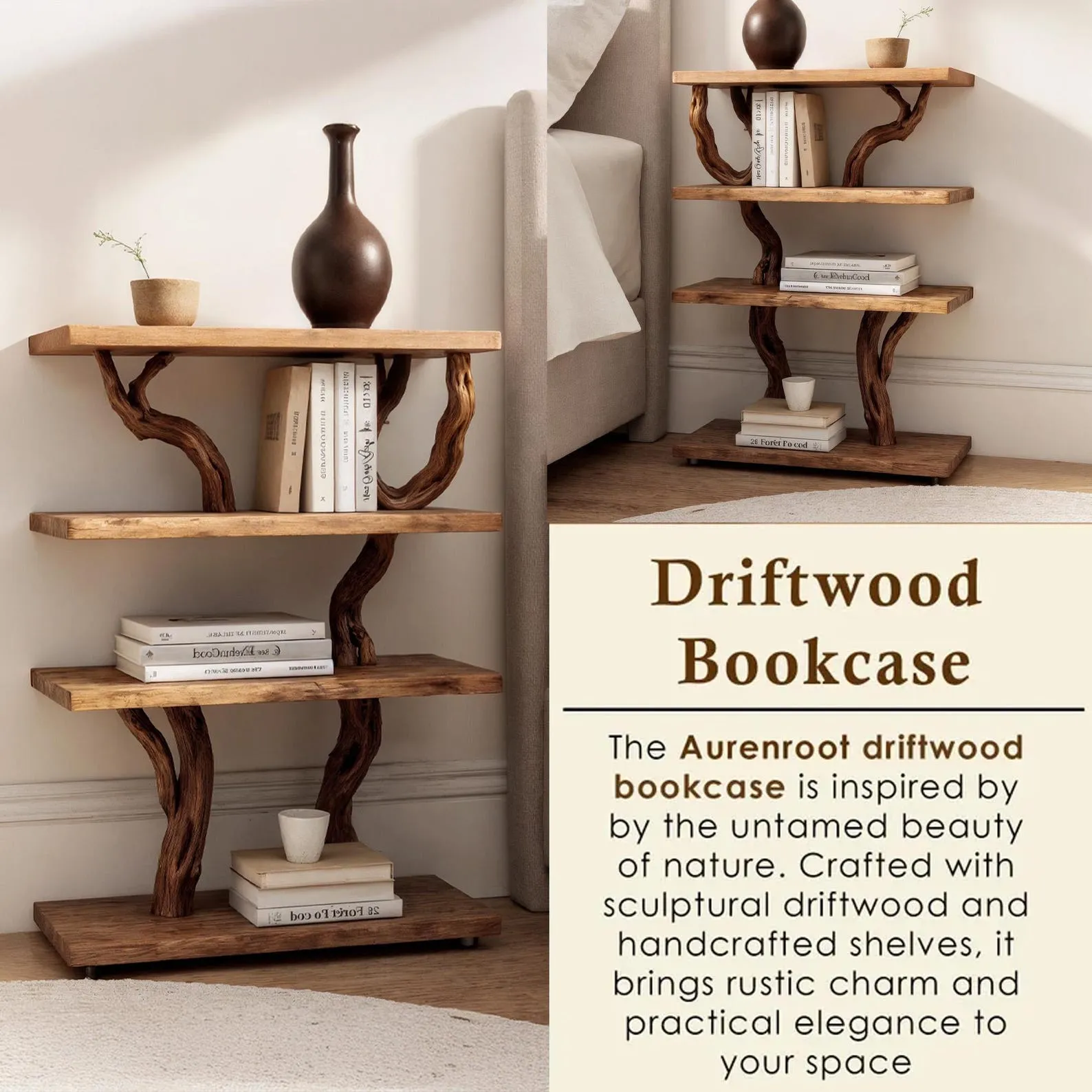 Natural wall mount driftwood bookcase solid wood bookshelf rustic night stand mini bedside table handmade furniture for bed room - Image 4
