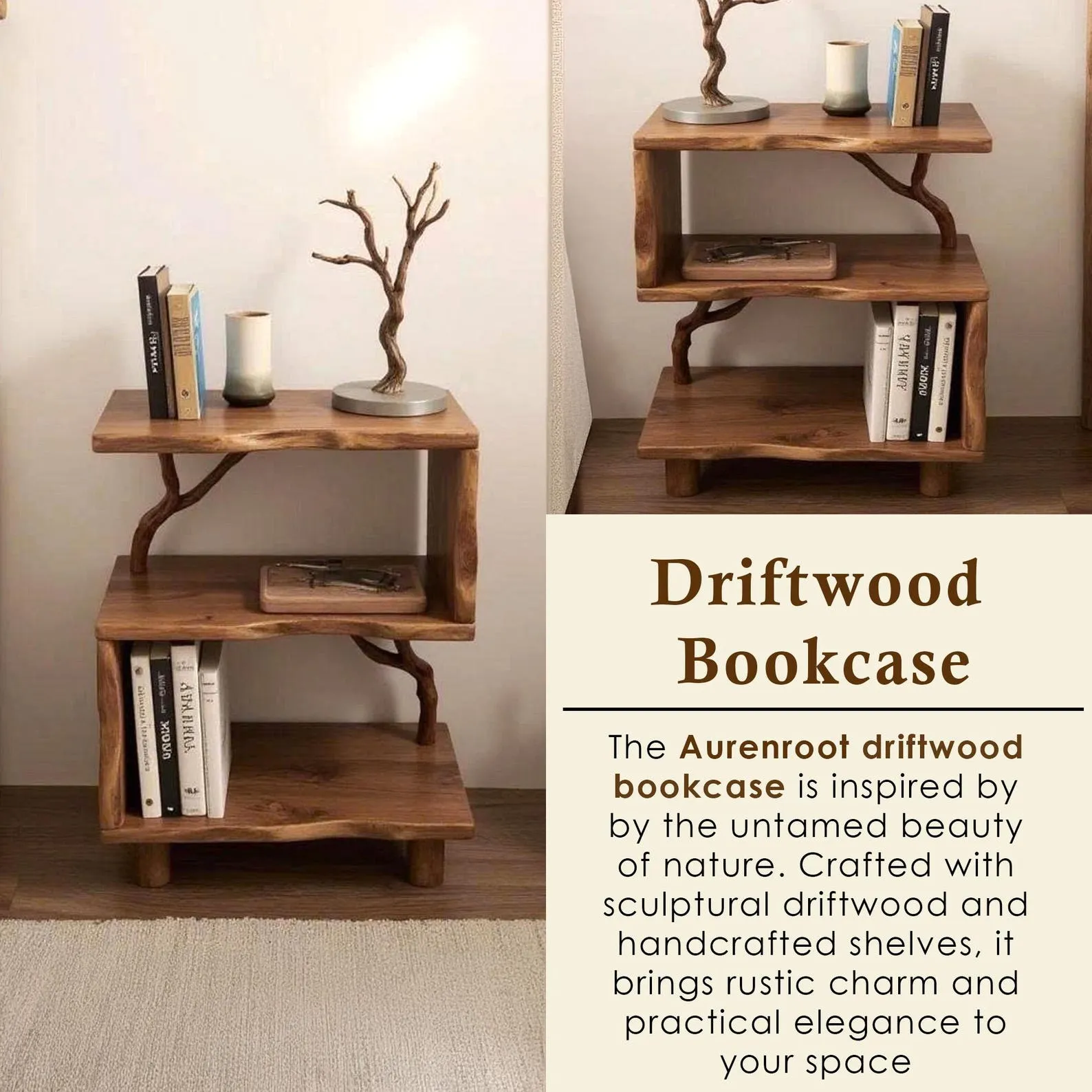 Night stand bookcase solid wood free standing small bookcase bedside driftwood handcrafted record player stand wood work furniture - Image 2