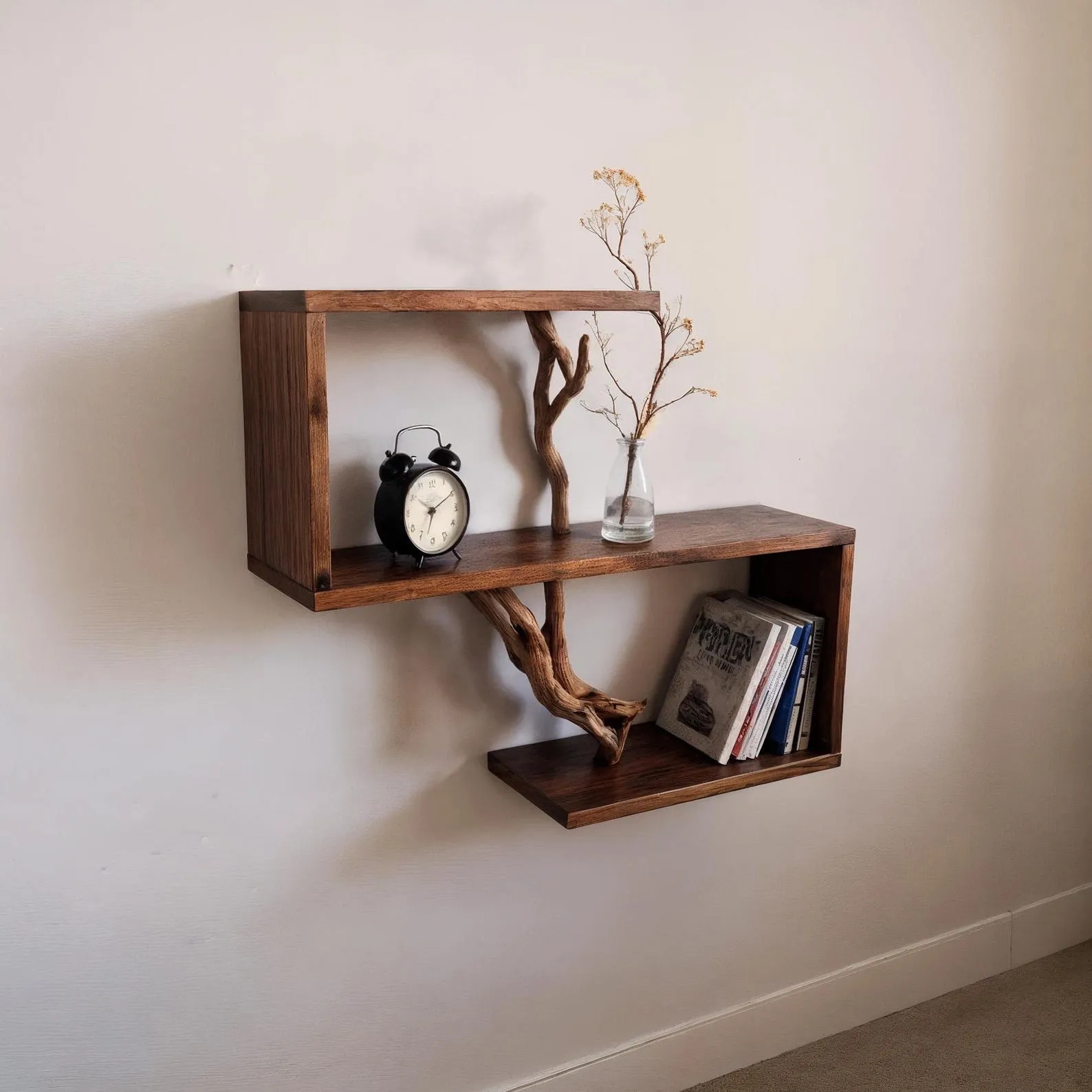 Solid wood bookcase tree bookshelf wall mount driftwood branch shelf rustic shelving handcrafted furniture decor for bed room