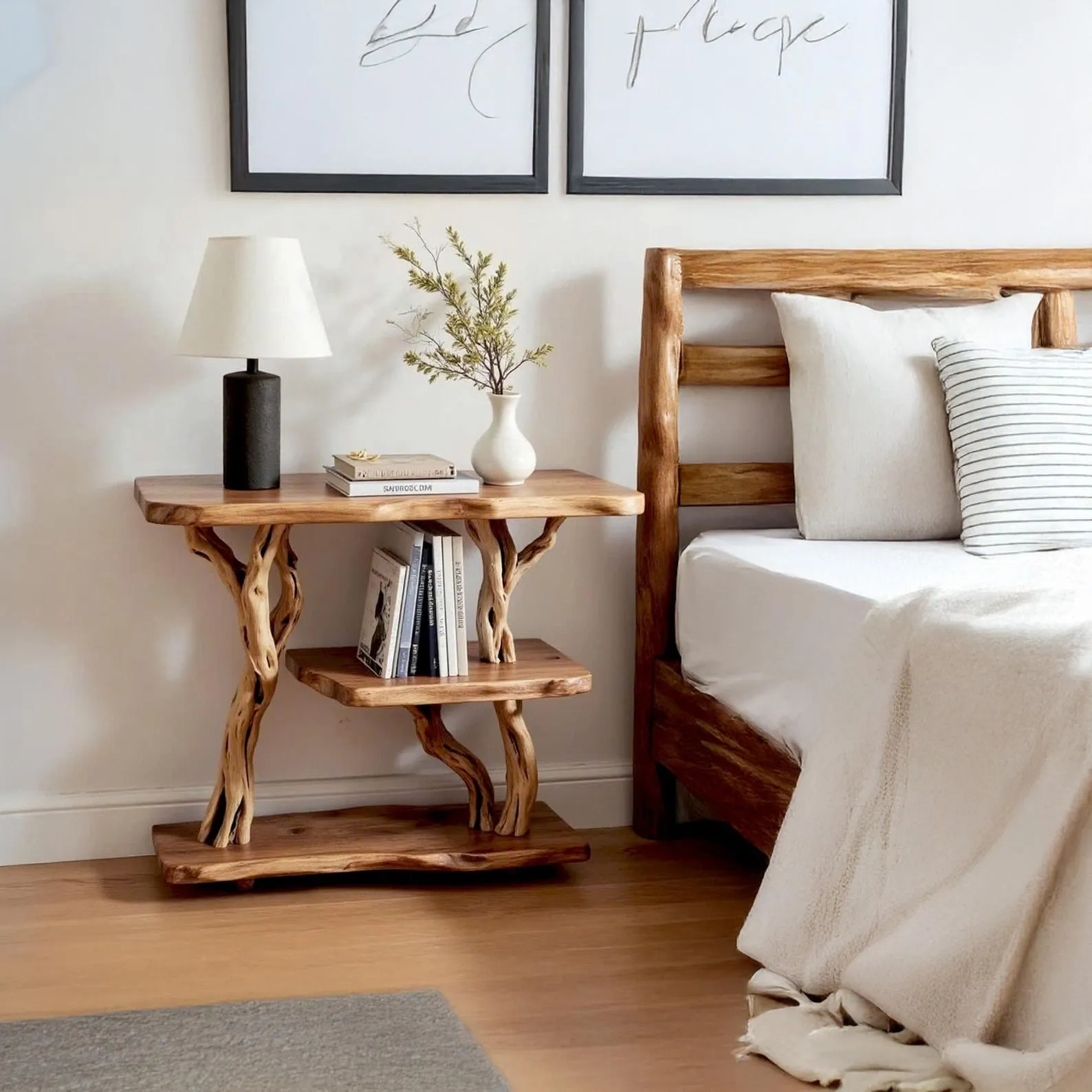 Solid wood bookcase nightstand free standing bookshelf tree branch driftwood plant stand rustic shelving handcrafted furniture - Image 4