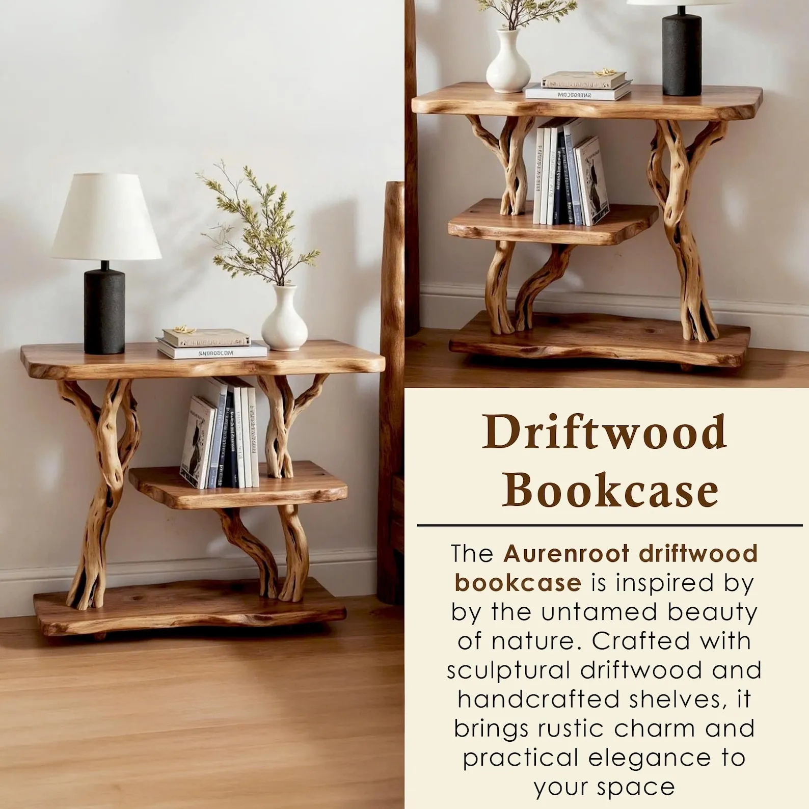 Solid wood bookcase nightstand free standing bookshelf tree branch driftwood plant stand rustic shelving handcrafted furniture - Image 5