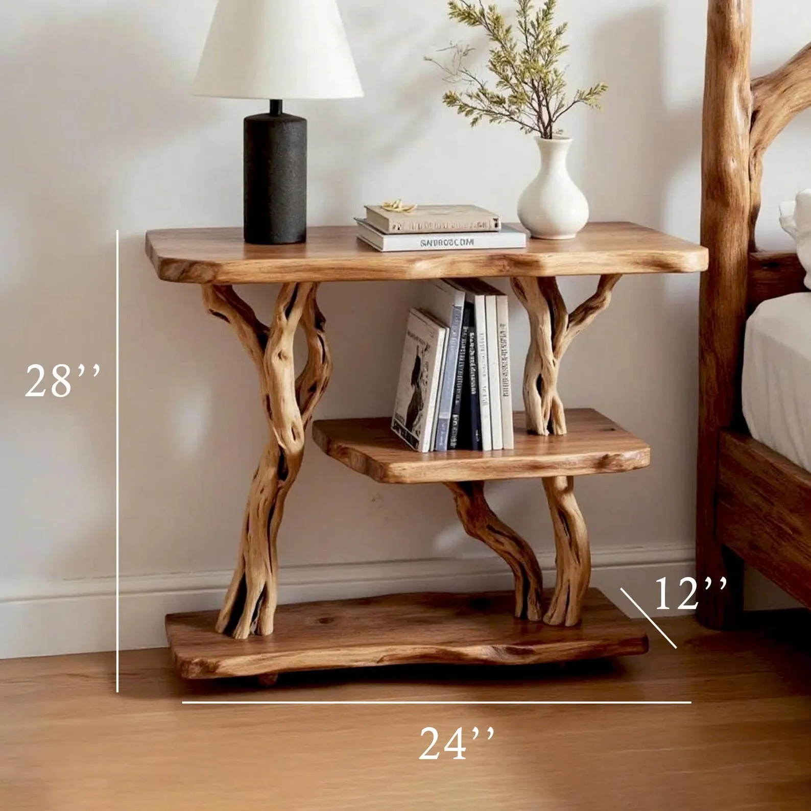 Solid wood bookcase nightstand free standing bookshelf tree branch driftwood plant stand rustic shelving handcrafted furniture - Image 9
