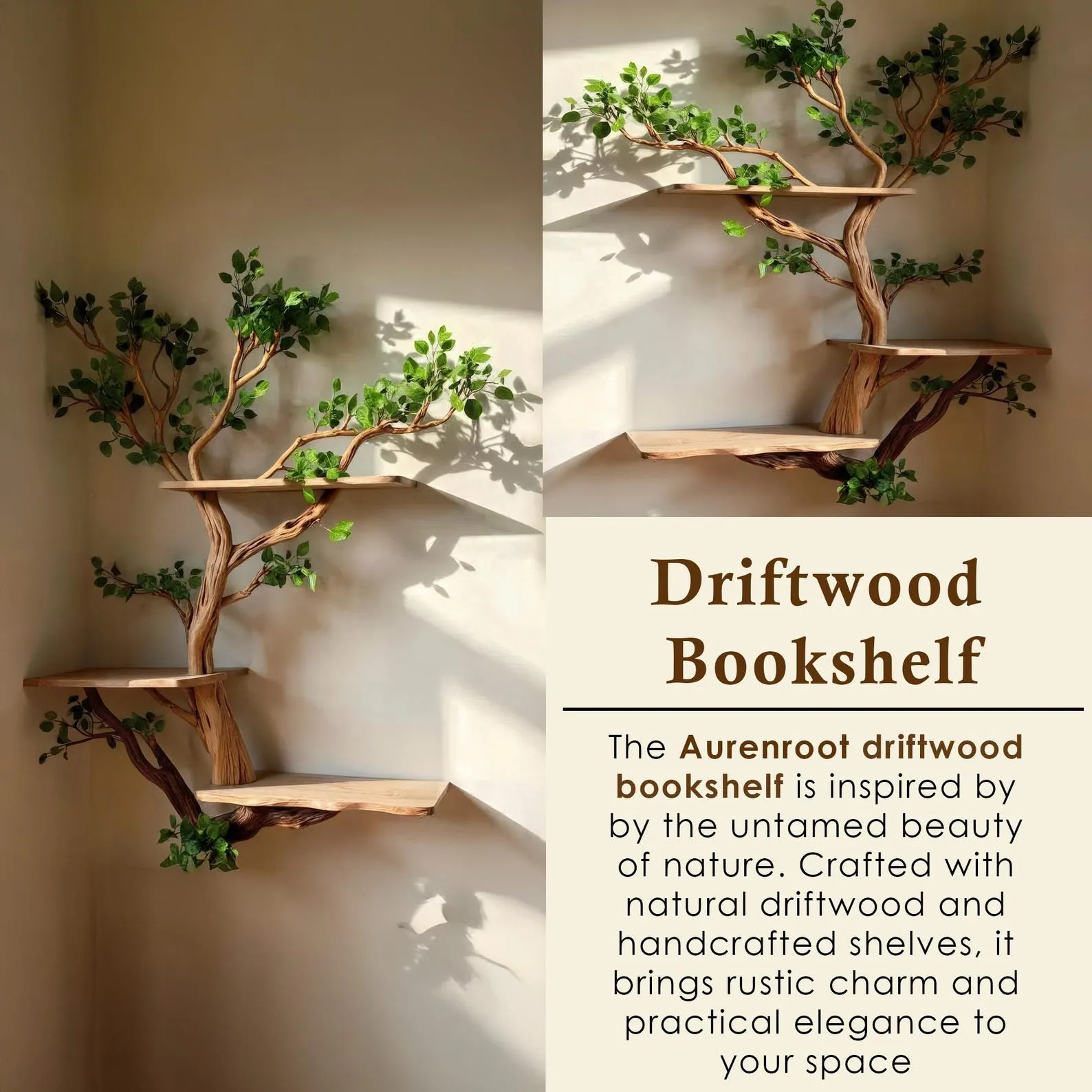 Corner tree bookshelf driftwood tree branch floating shelf wall mount tree bookcase drift wood decor live edge shelf furniture - Image 3