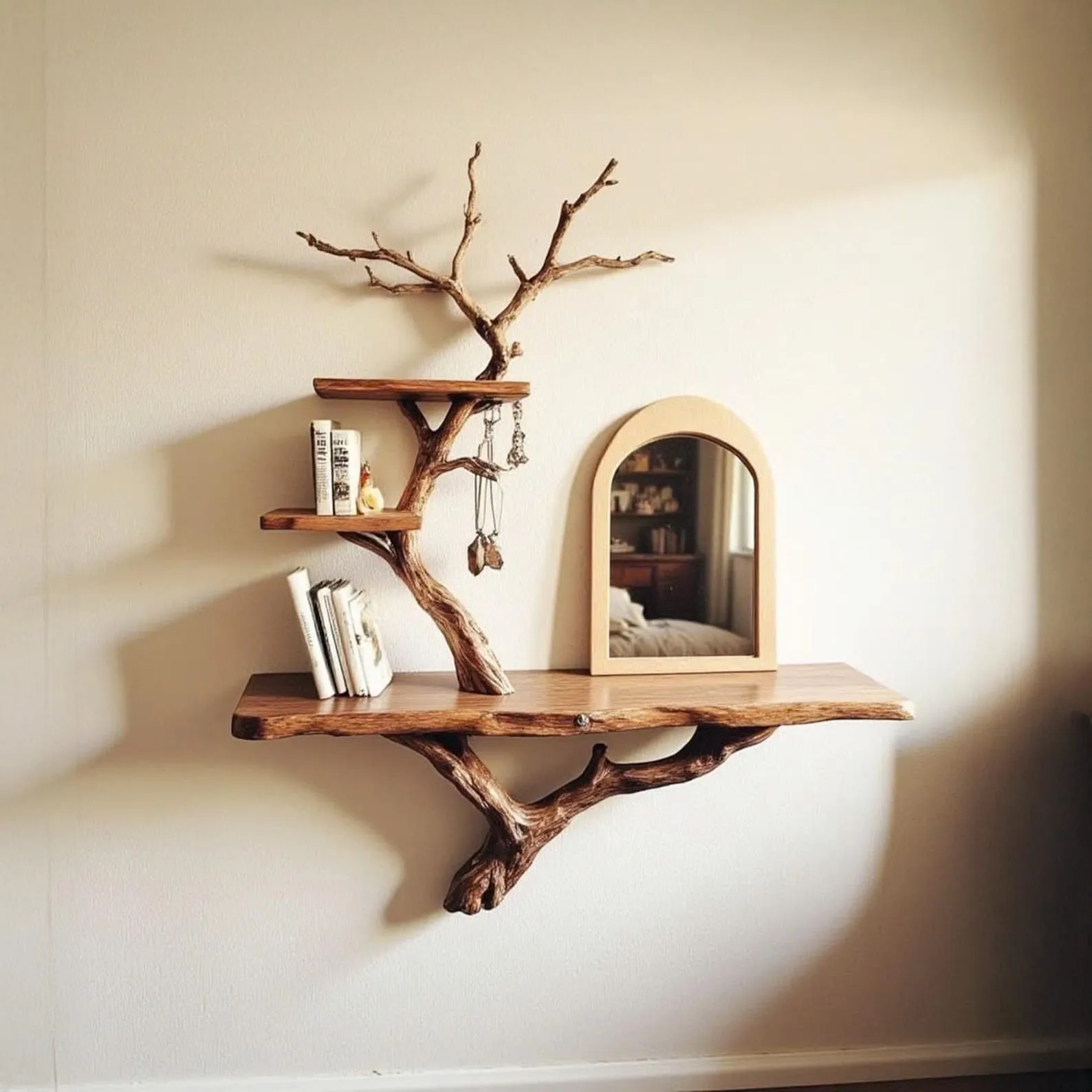 Driftwood tree jewerly shelf floating bookshelf natural wood hanging shelf necklace tree branch holder handmade furniture decoration