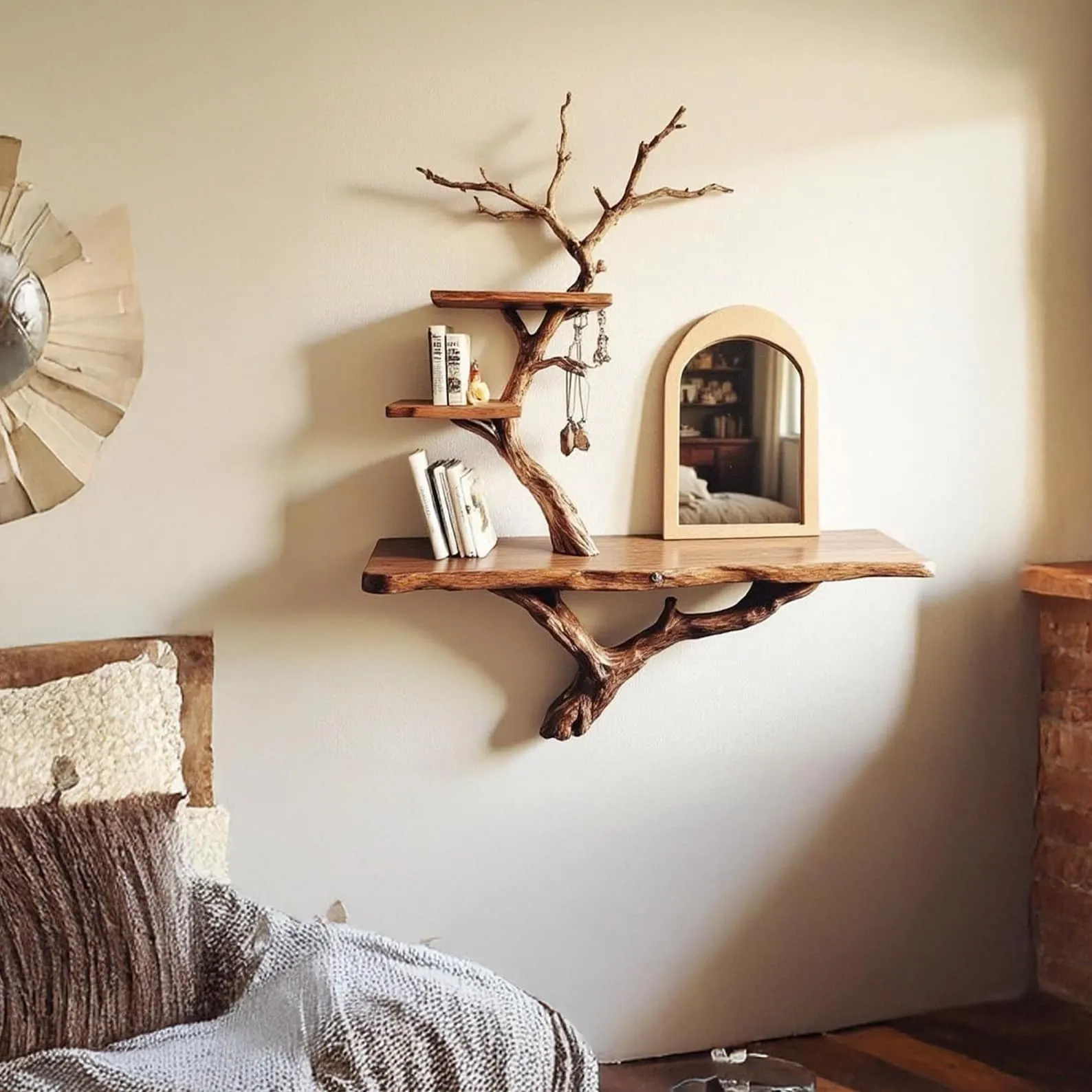 Driftwood tree jewerly shelf floating bookshelf natural wood hanging shelf necklace tree branch holder handmade furniture decoration - Image 4