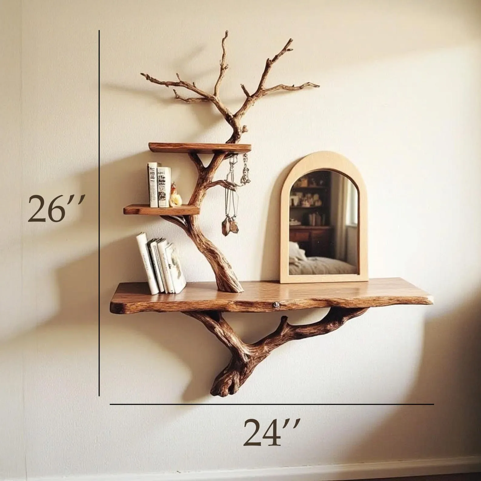 Driftwood tree jewerly shelf floating bookshelf natural wood hanging shelf necklace tree branch holder handmade furniture decoration - Image 8