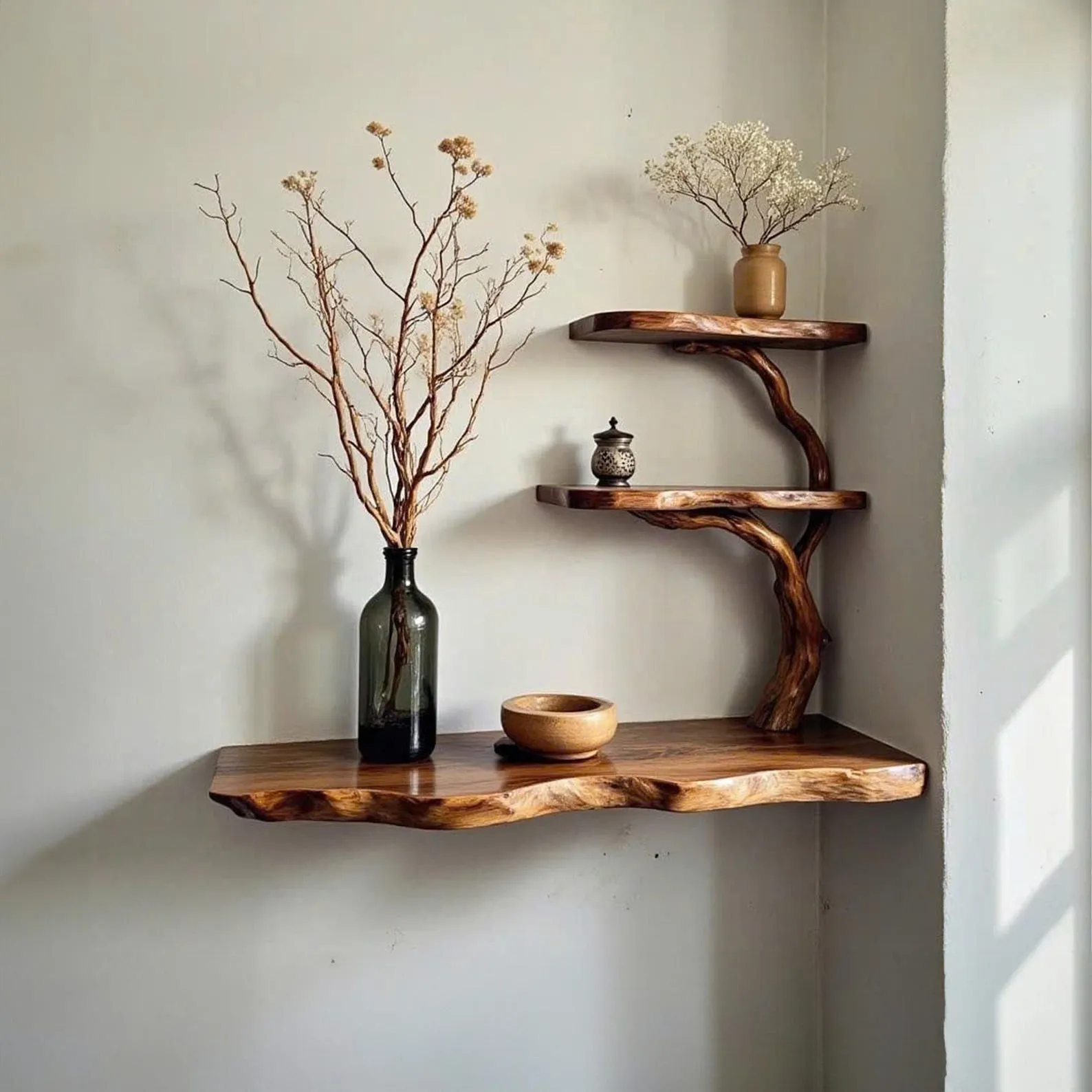 Tree branch bookshelf live edge corner shelf drifwood branch solid wood bookshelves floating shelves on wall art decor