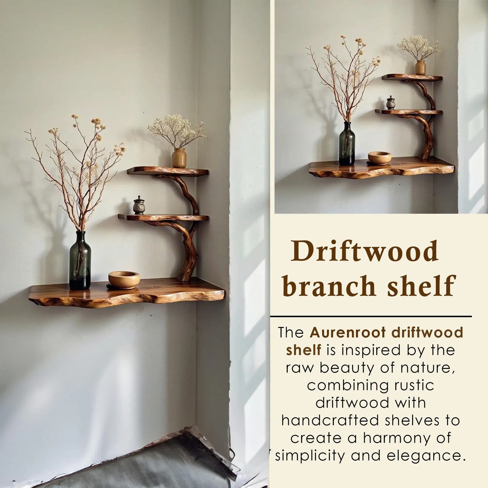 Tree branch bookshelf live edge corner shelf drifwood branch solid wood bookshelves floating shelves on wall art decor - Image 3