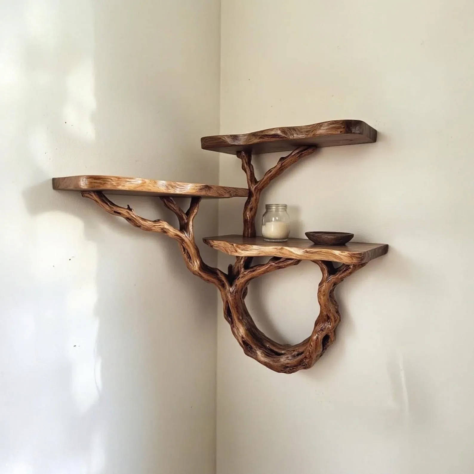 Floating corner wall shelf natural solid wood bookshelf art tree driftwood branch bookshelves unique wall mount shelves