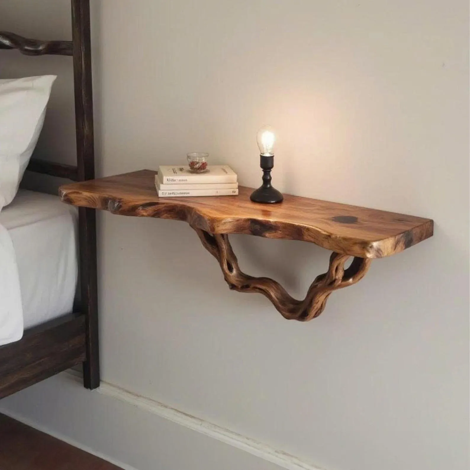 Floating shelf natural solid wood bookshelf rustic night stand mini bedside art tree driftwood branch shelf wall mount handmade furniture