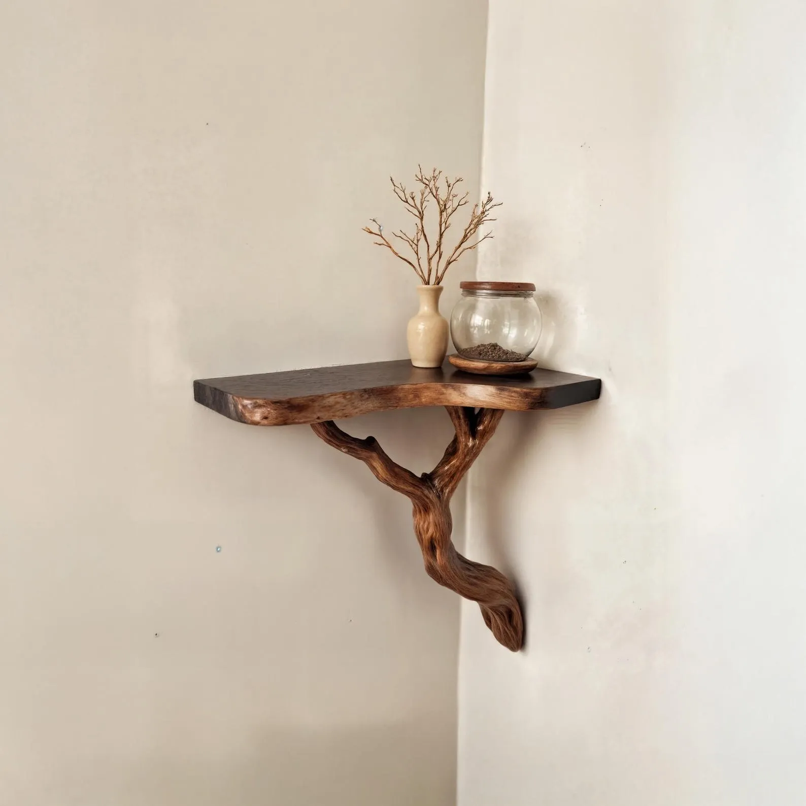Corner floating shelf natural solid wood bookshelf art tree driftwood branch bookshelves unique wall mount handmade furniture home decor