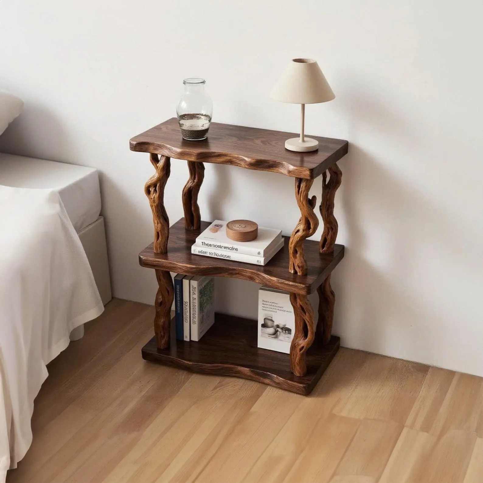 Natural wood bookcase solid wood rustic night stand mini bedside table free standing shelf handmade furniture