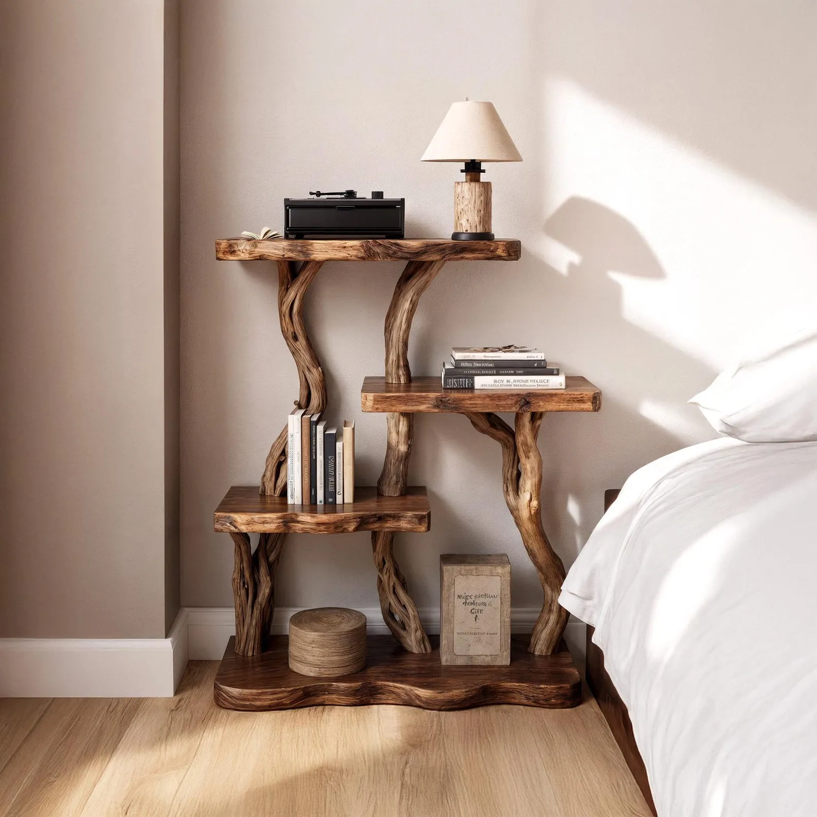 Natural driftwood bookcase nightstand tree branch bookshelf rustic shelving bedside table bedroom furniture