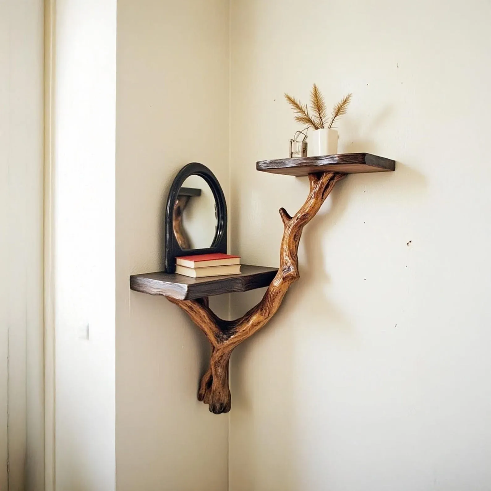 Corner floating bookshelf natural driftwood wall art hanging shelves handmade furniture decorative