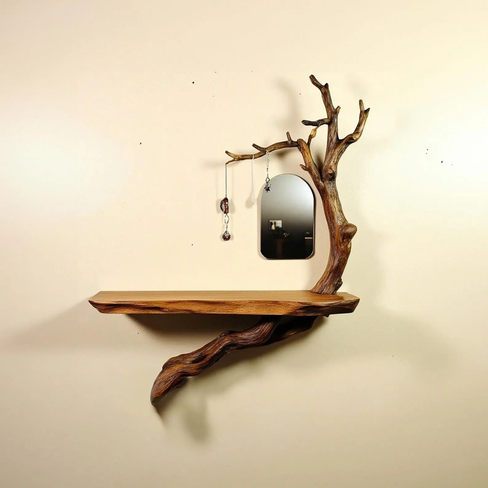 Tree floating bookshelf natural driftwood branch shelf wall mount solid wood bookcase decorative key hooks for entryway