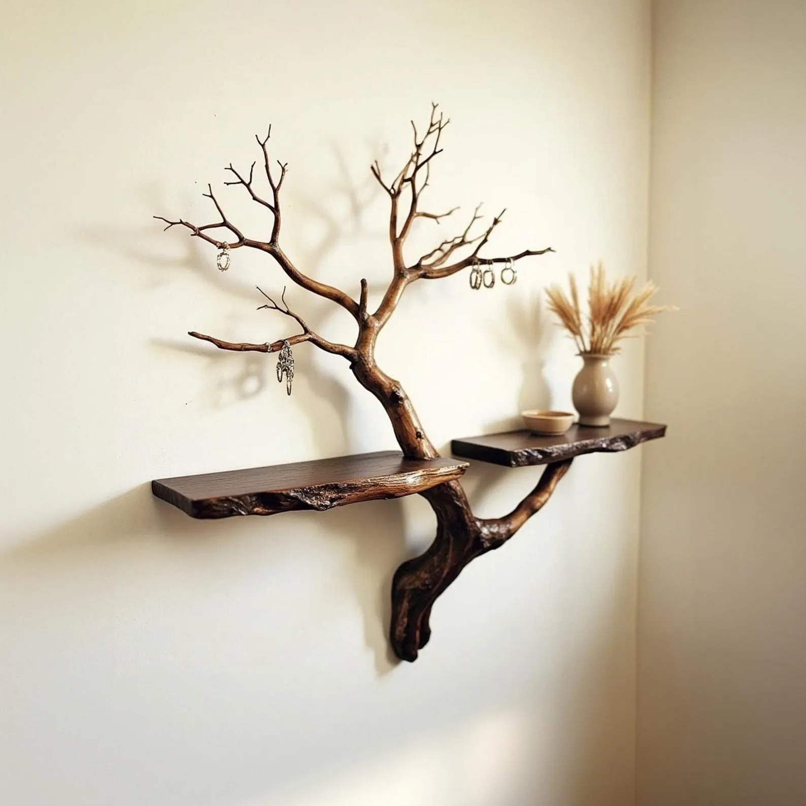 Tree branch shelf wall mount solid wood bookshelf decorative key hooks for home