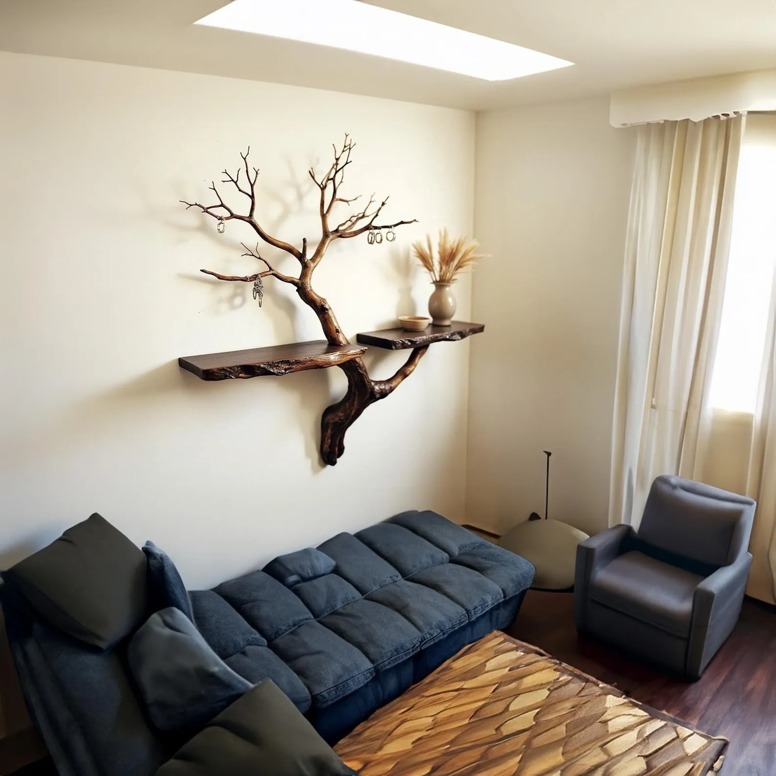 Tree branch shelf wall mount solid wood bookshelf decorative key hooks for home - Image 2