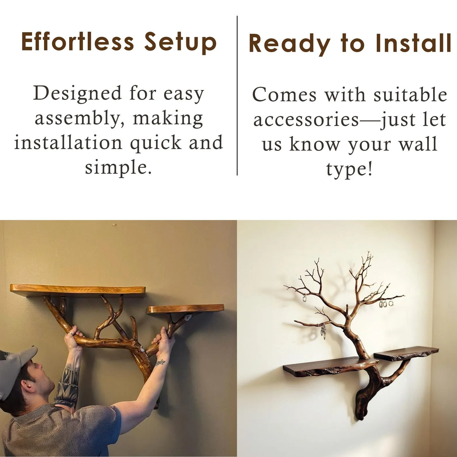 Tree branch shelf wall mount solid wood bookshelf decorative key hooks for home - Image 5