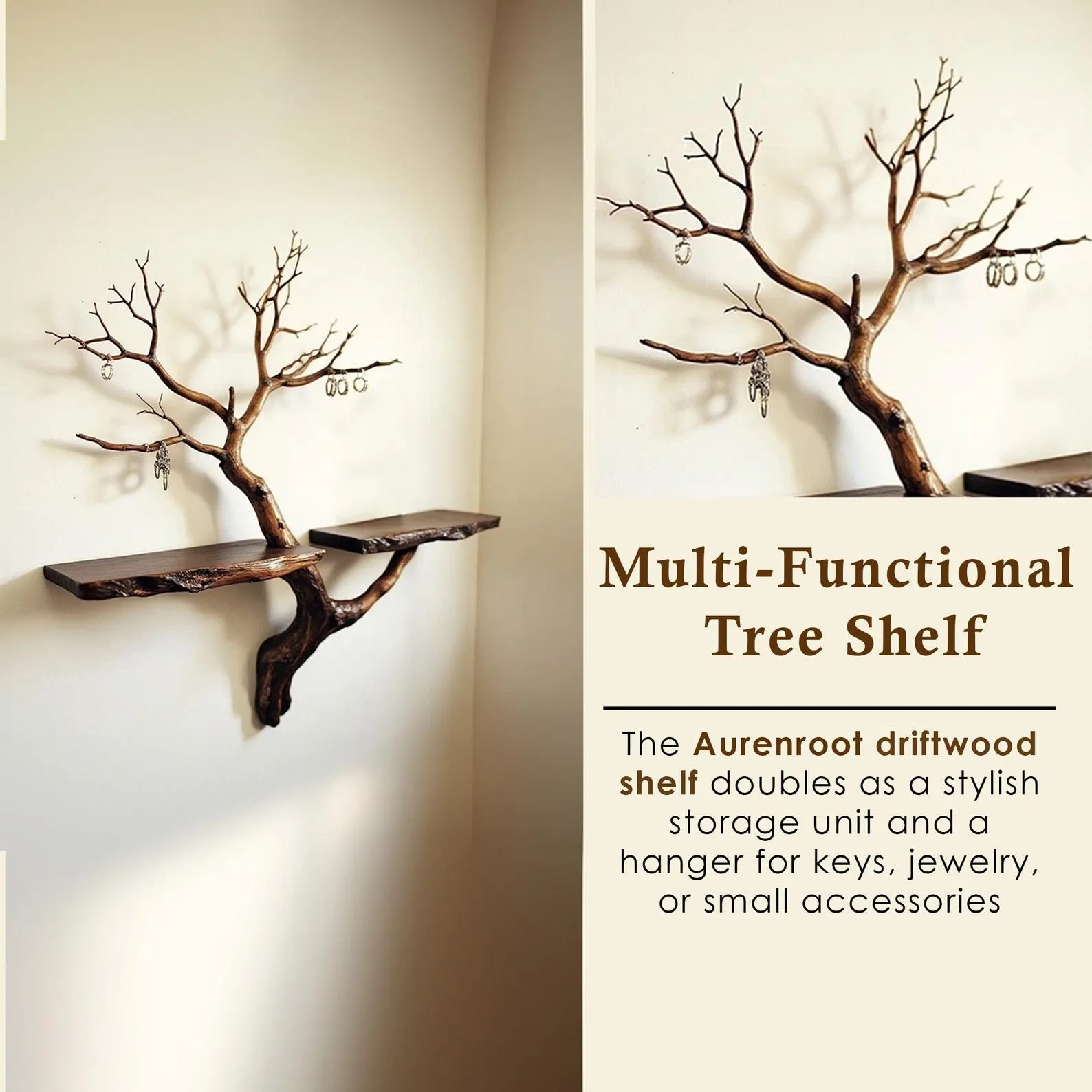 Tree branch shelf wall mount solid wood bookshelf decorative key hooks for home - Image 6