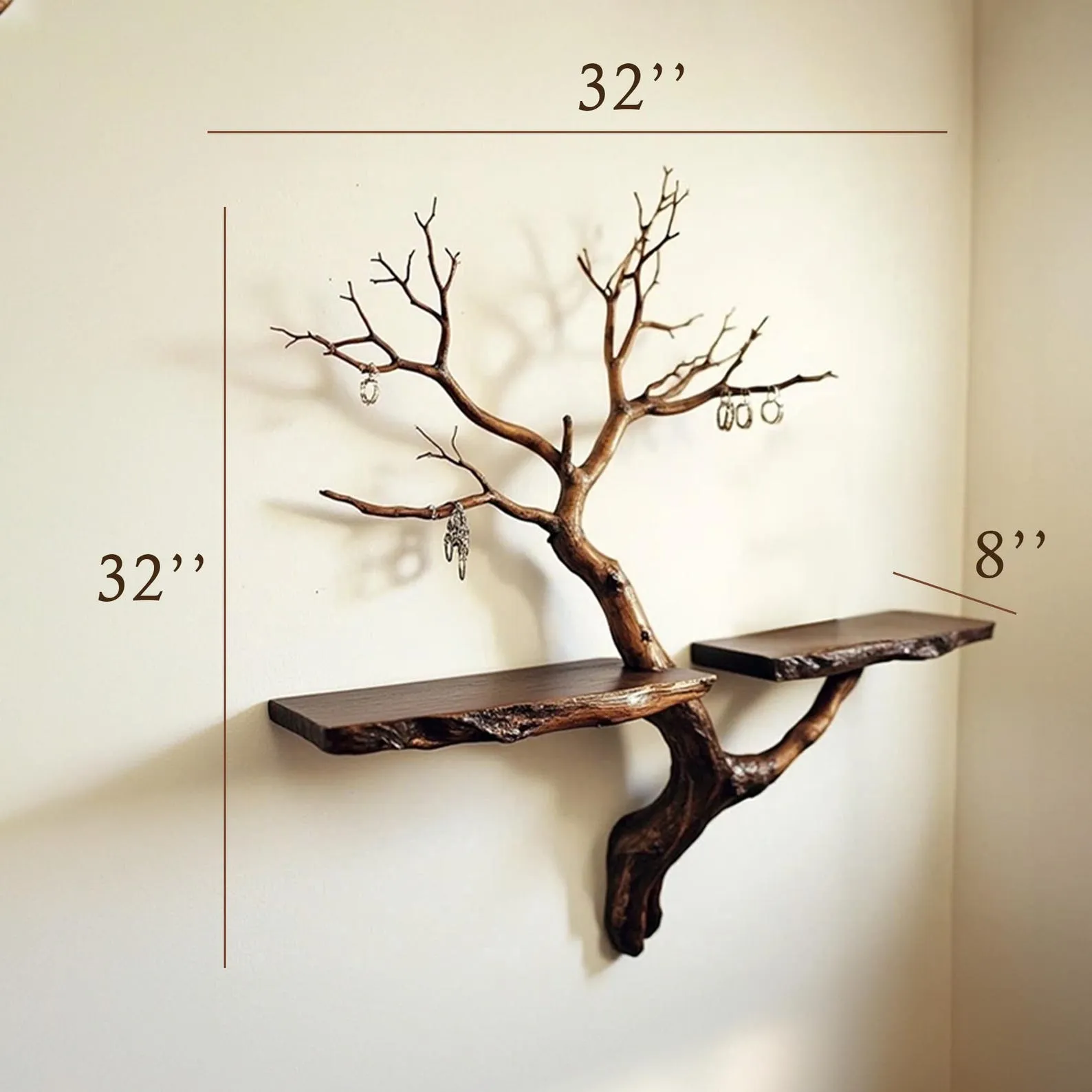 Tree branch shelf wall mount solid wood bookshelf decorative key hooks for home - Image 7