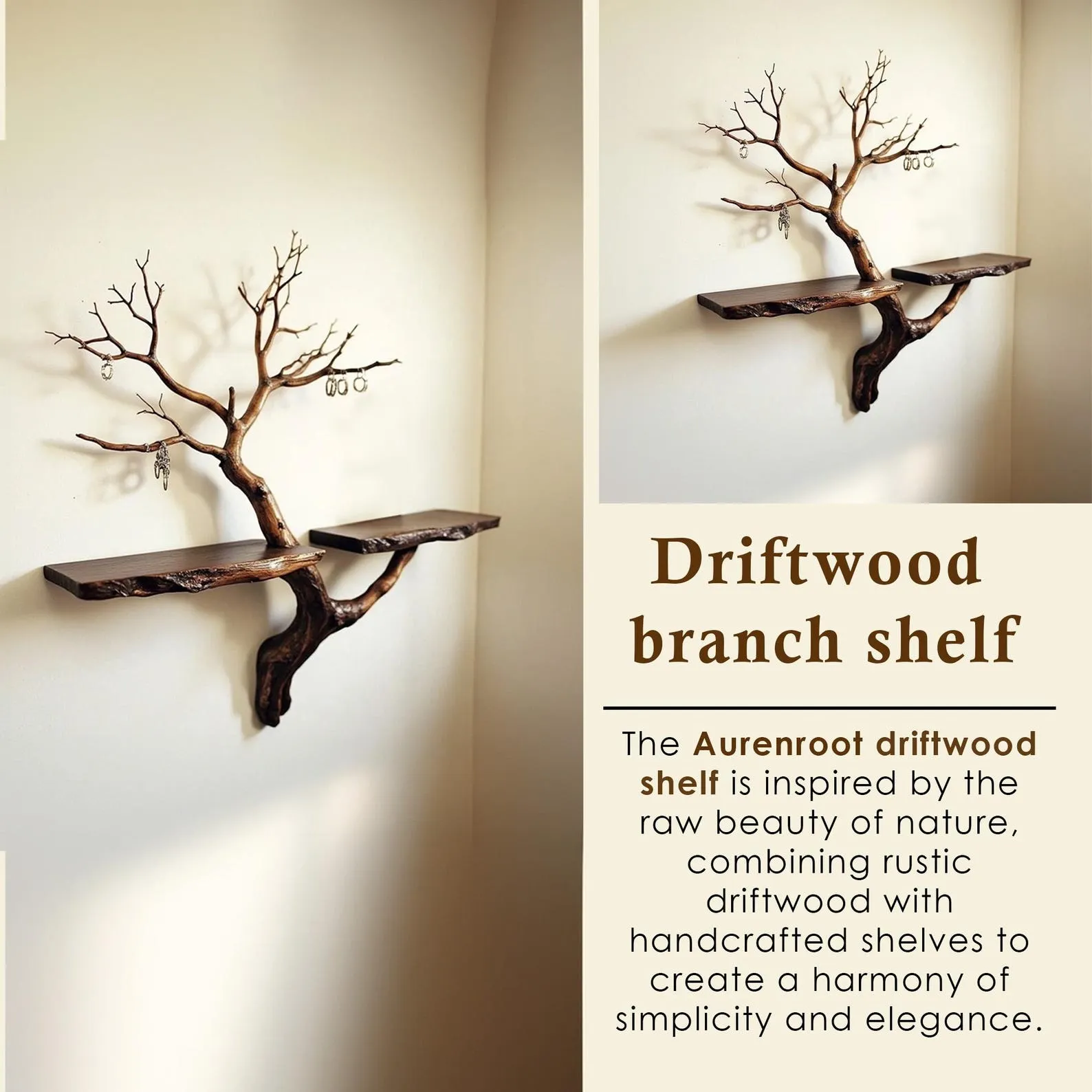 Tree branch shelf wall mount solid wood bookshelf decorative key hooks for home - Image 8