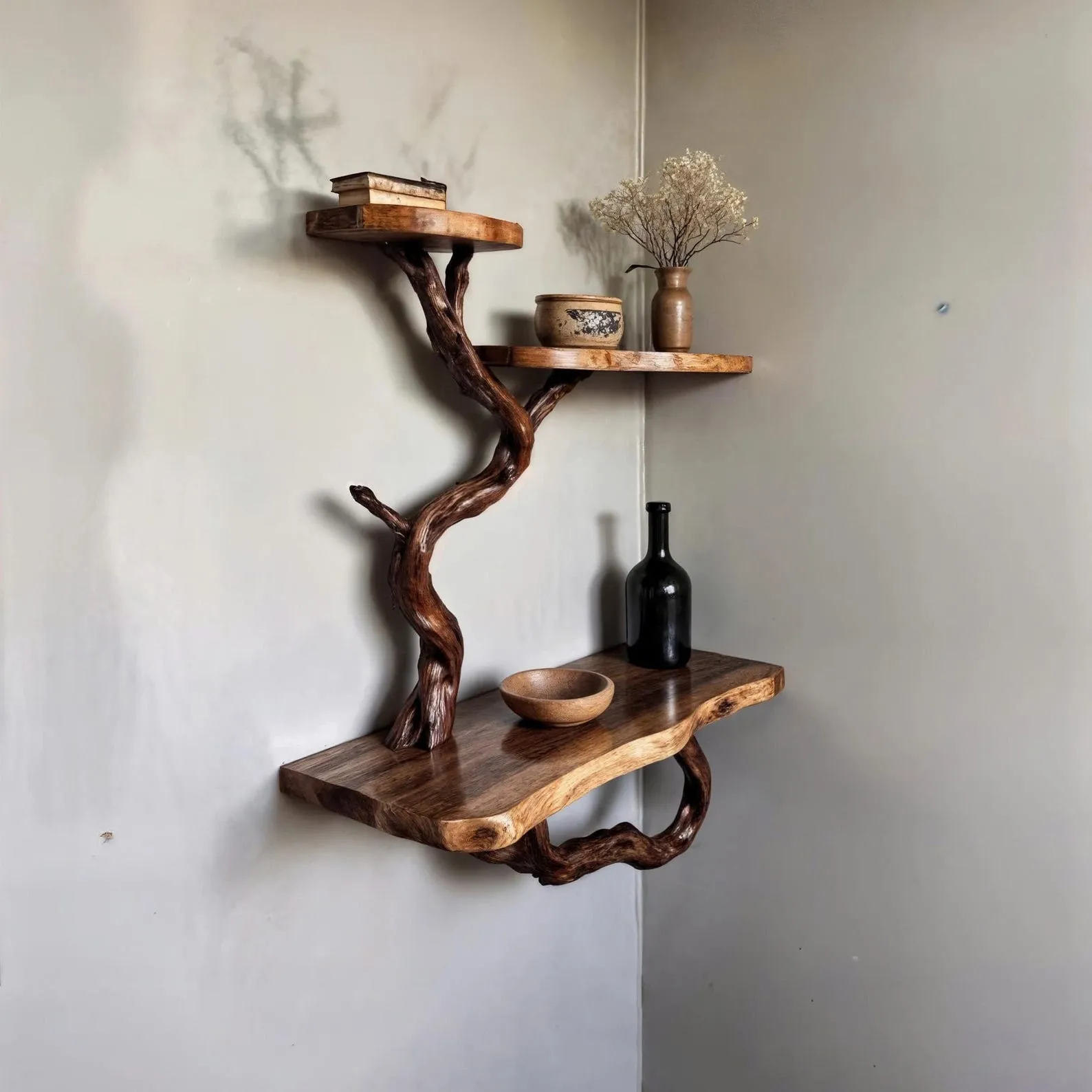 Floating book shelf wood corner tree branch shelves wall mount unique bookshelf decor driftwood art decor for home