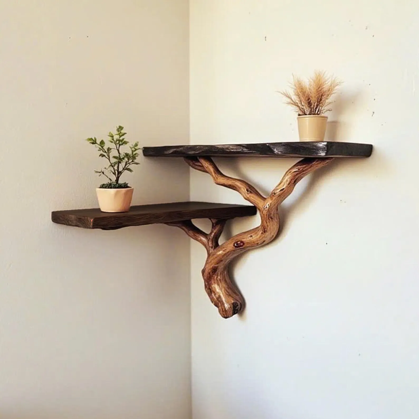 Floating bookshelf live edge floating corner shelves driftwood branch black wall shelf gift for the home